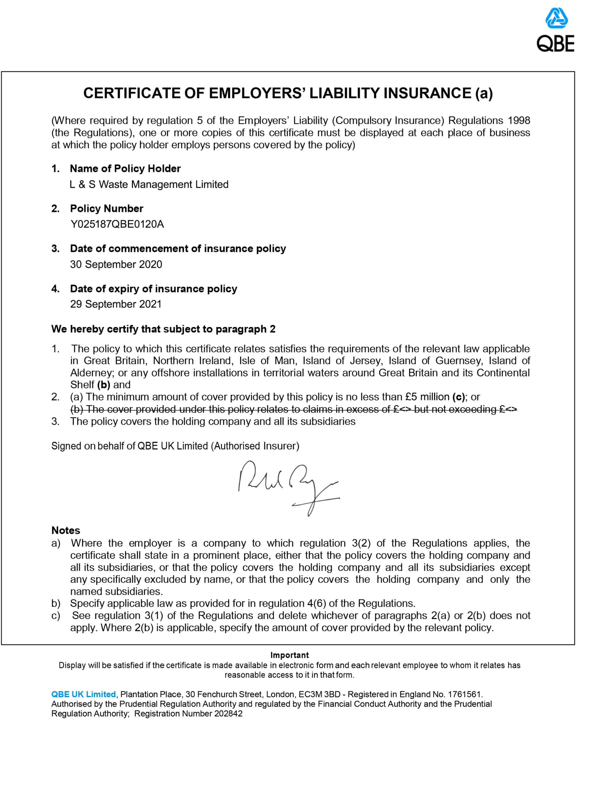 Customizable Fake Proof of QEB employer liability Insurance