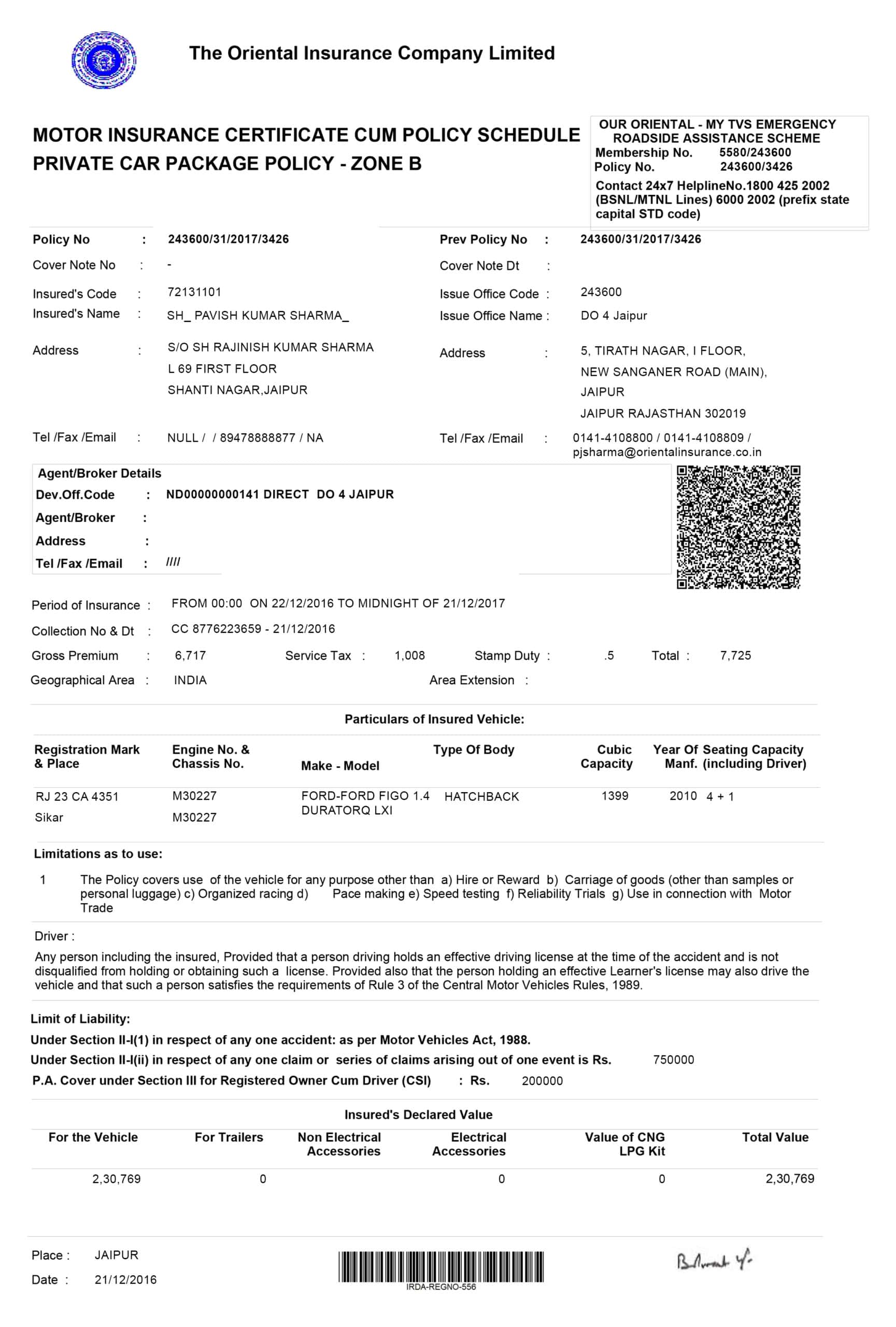 Customizable Fake Proof of TVS Car Insurance