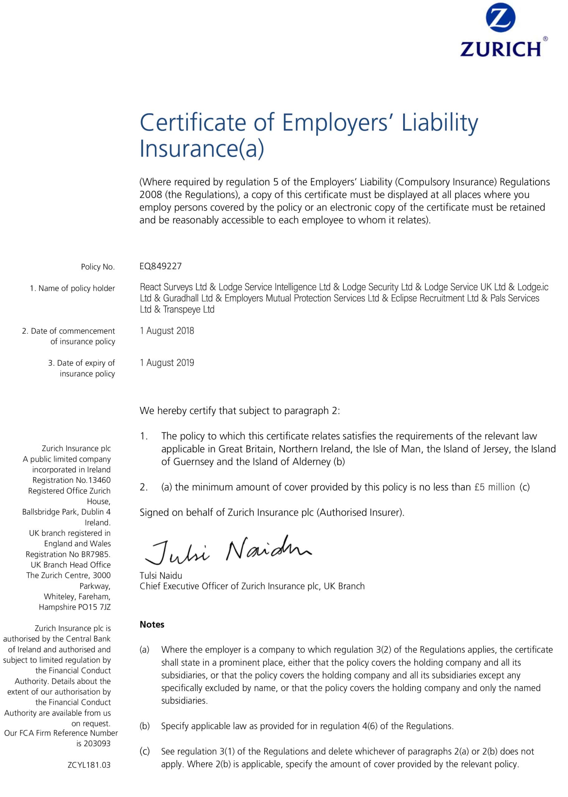 Customizable Fake Proof of Zurich employer liability Insurance