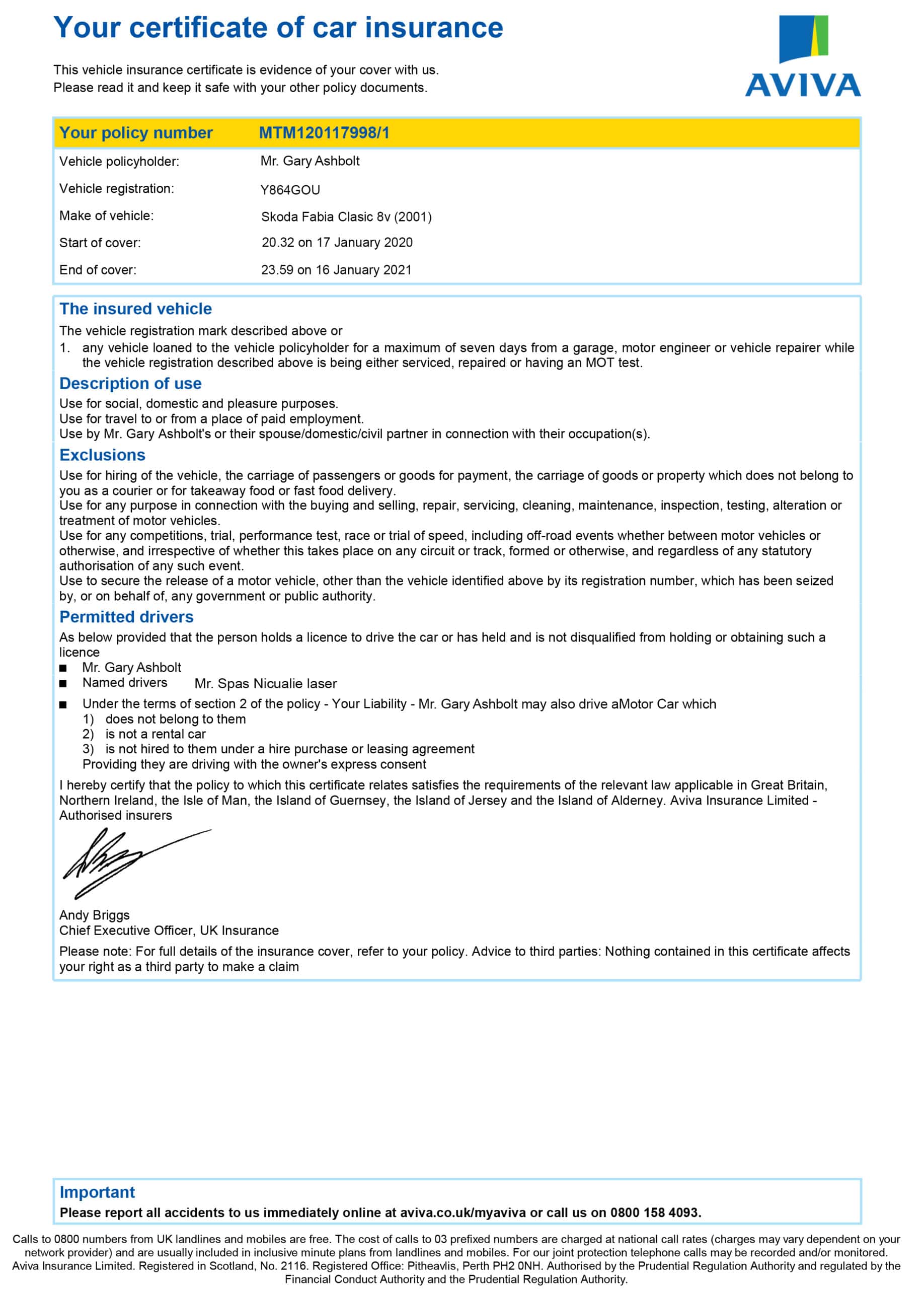 Customizable Fake Proof of aviva Car Insurance