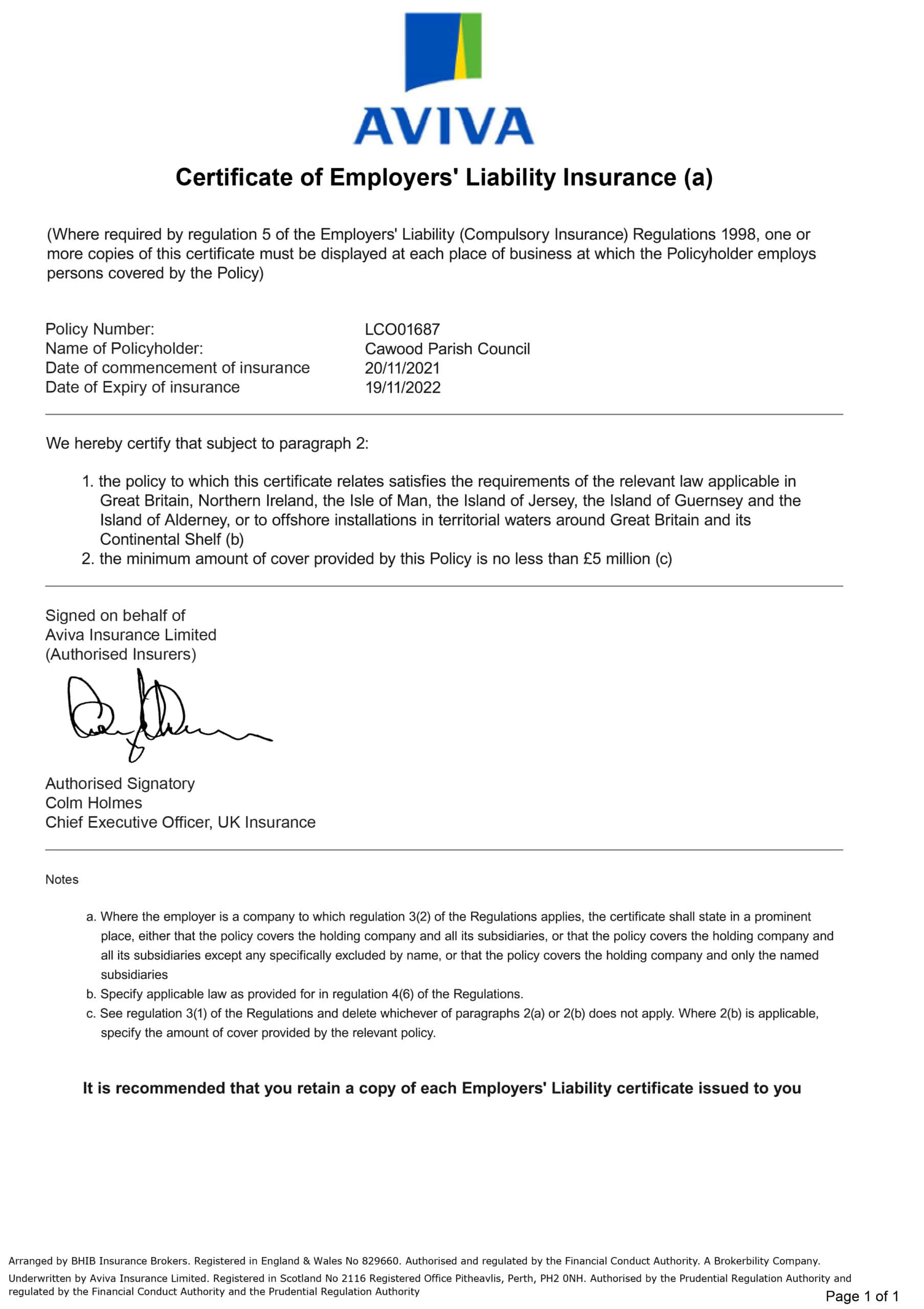Customizable Fake Proof of aviva employer liability Insurance