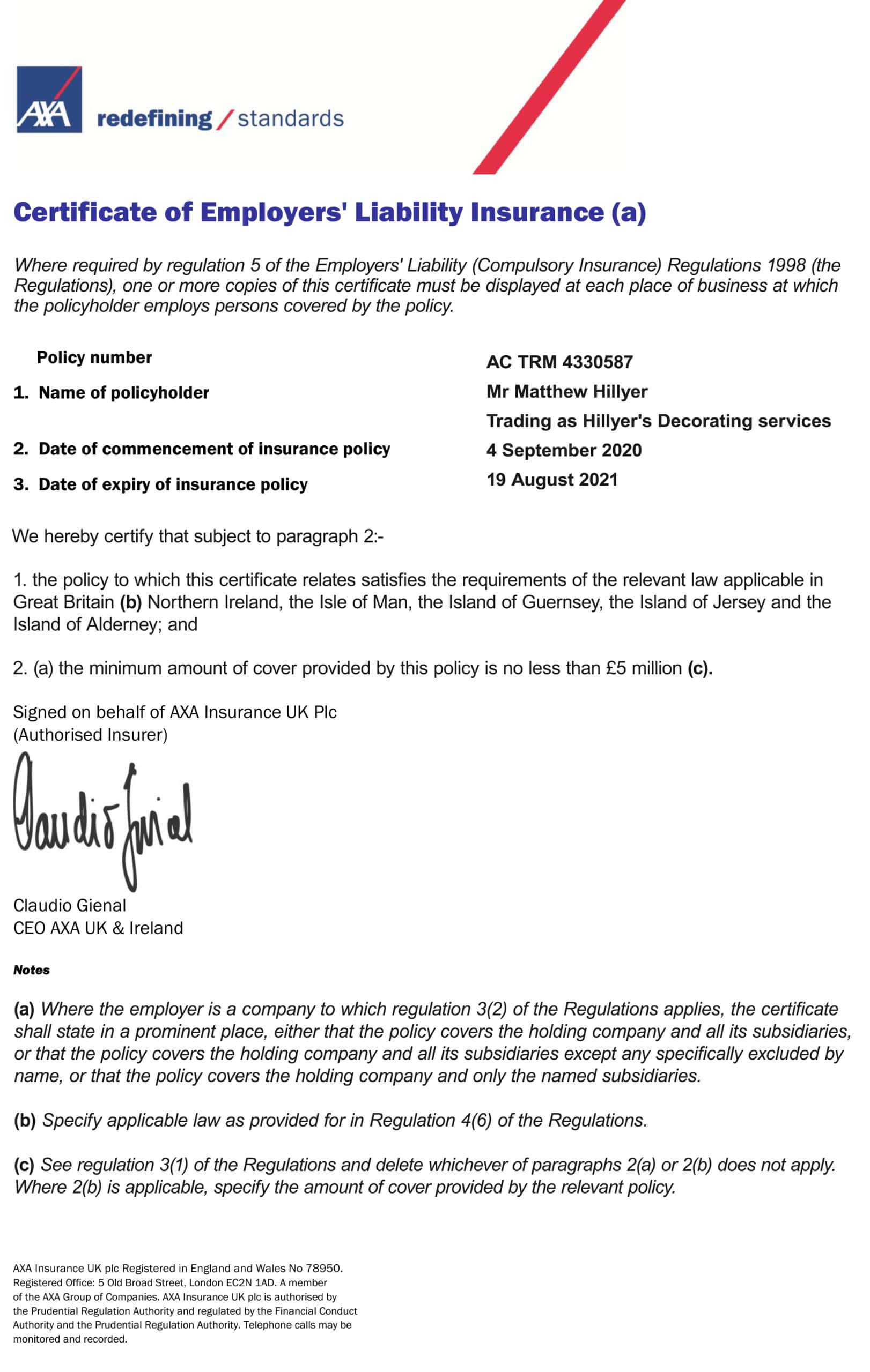 Customizable Fake Proof of axa employer liability Insurance