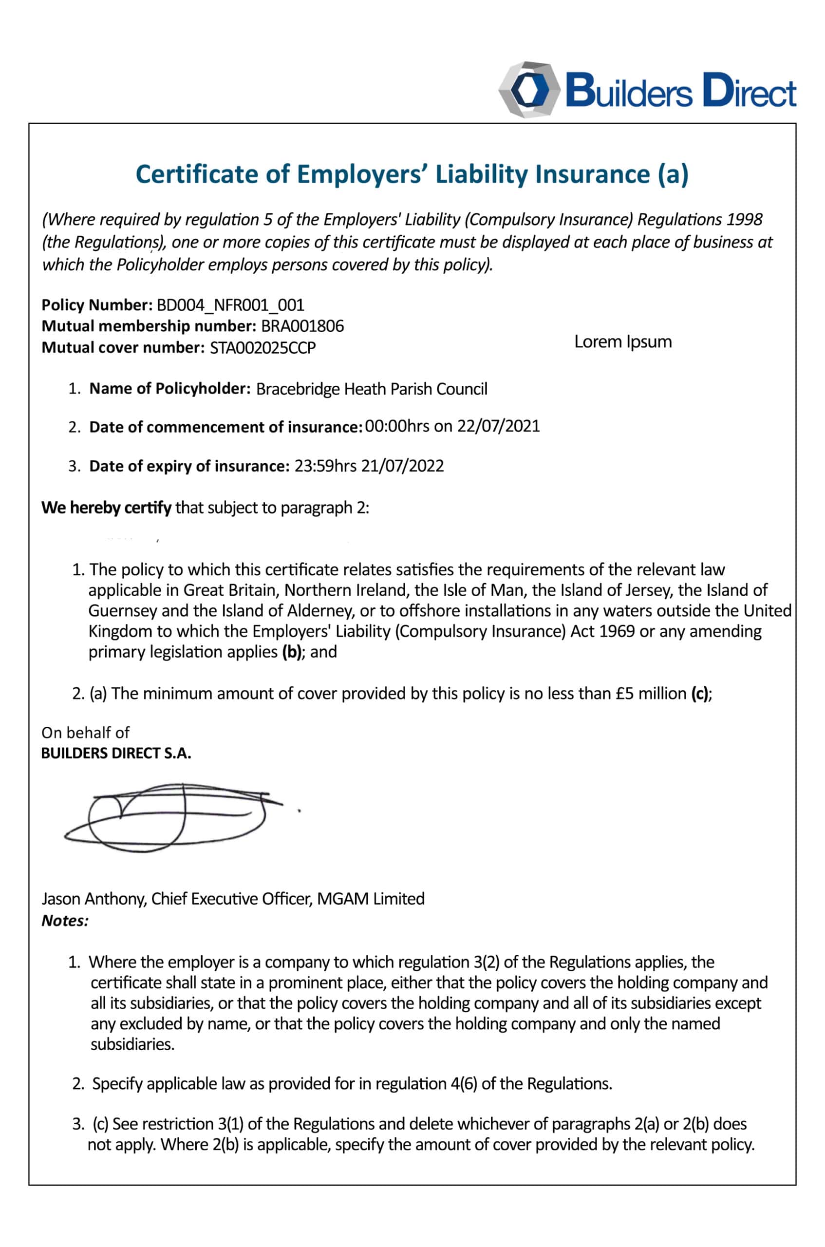Customizable Fake Proof of builders direct employer liability Insurance 1