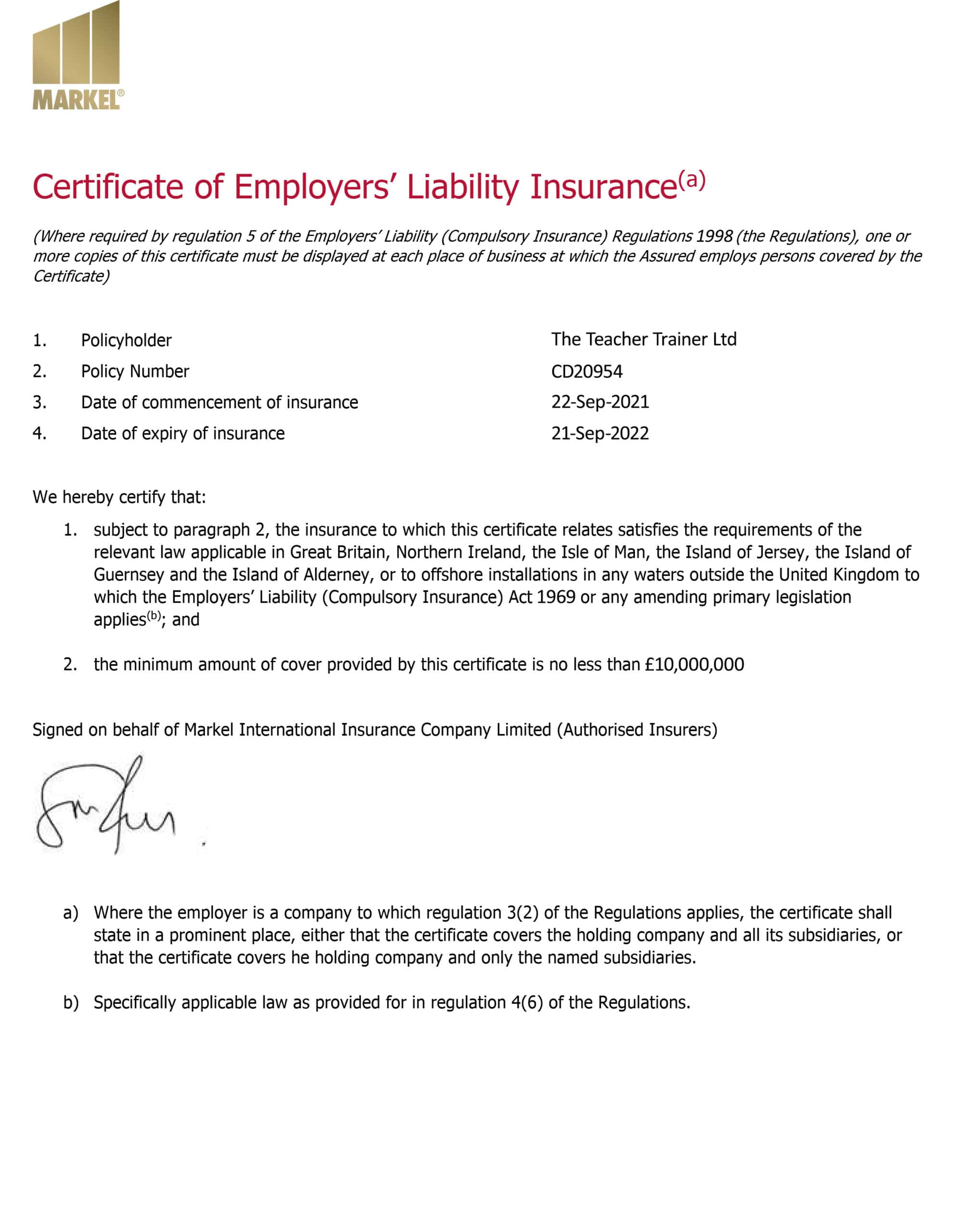 Customizable Fake Proof of markel employer liability Insurance
