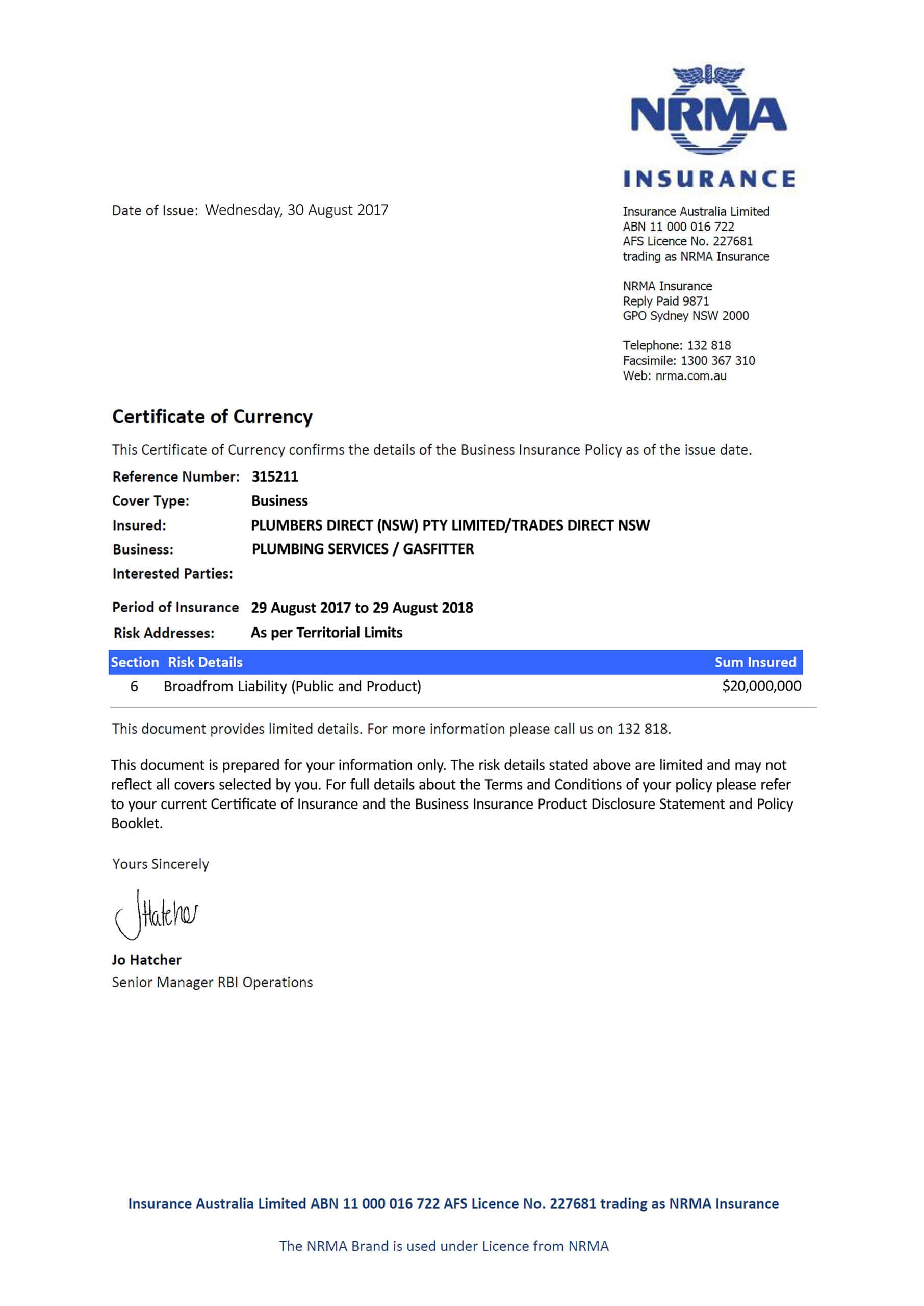 Customizable Fake Proof of nrma business Insurance
