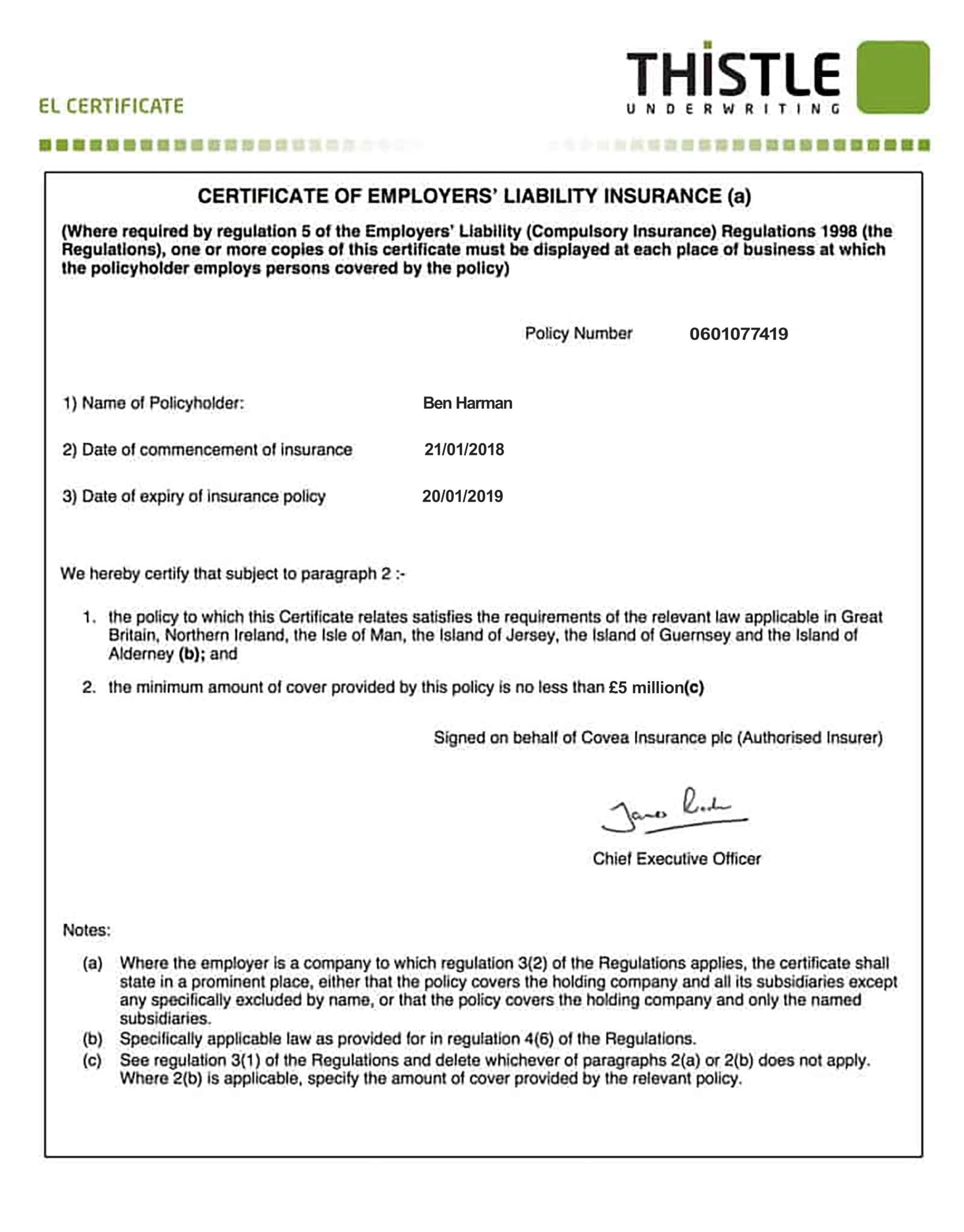 Customizable Fake Proof of thistle employer liability Insurance