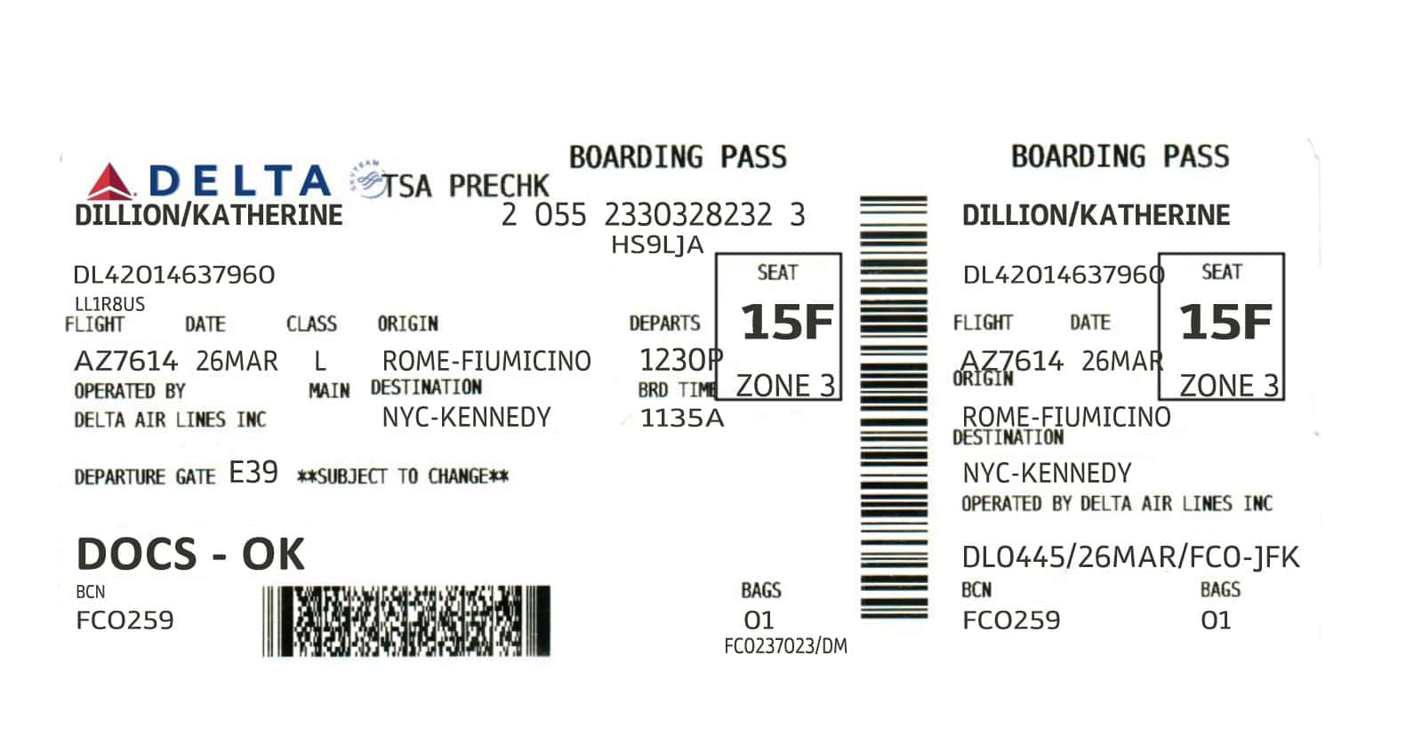 Fake Delta Air Lines Airline Ticket