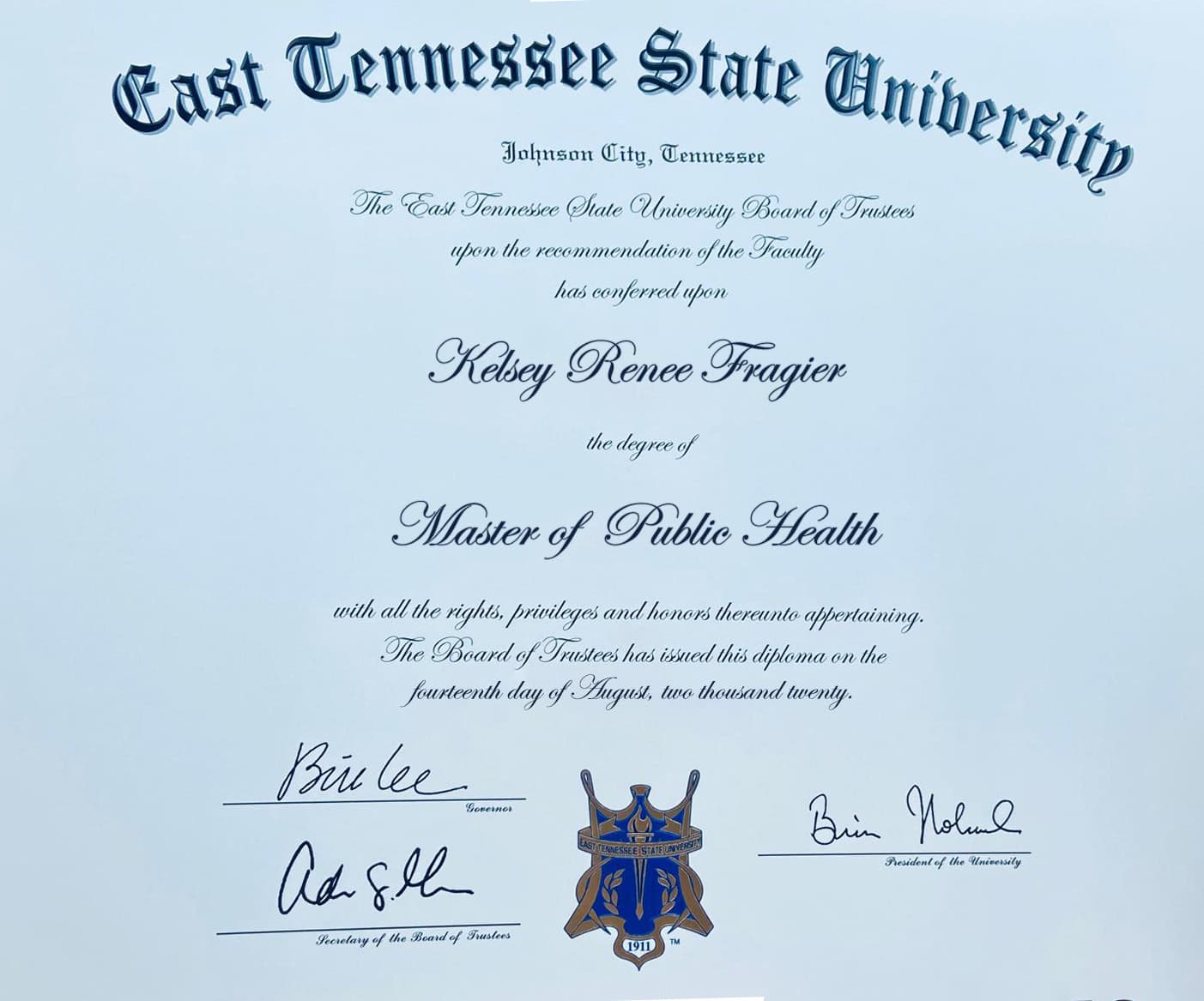 East Tennessee State Authentic-Looking Fake certificate from East Tennessee State University