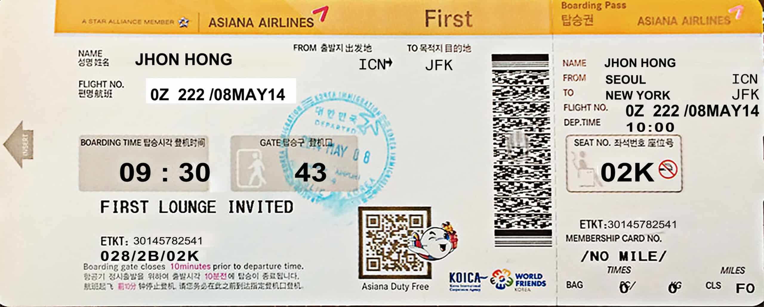Fake Asiana airlines Airline first Ticket