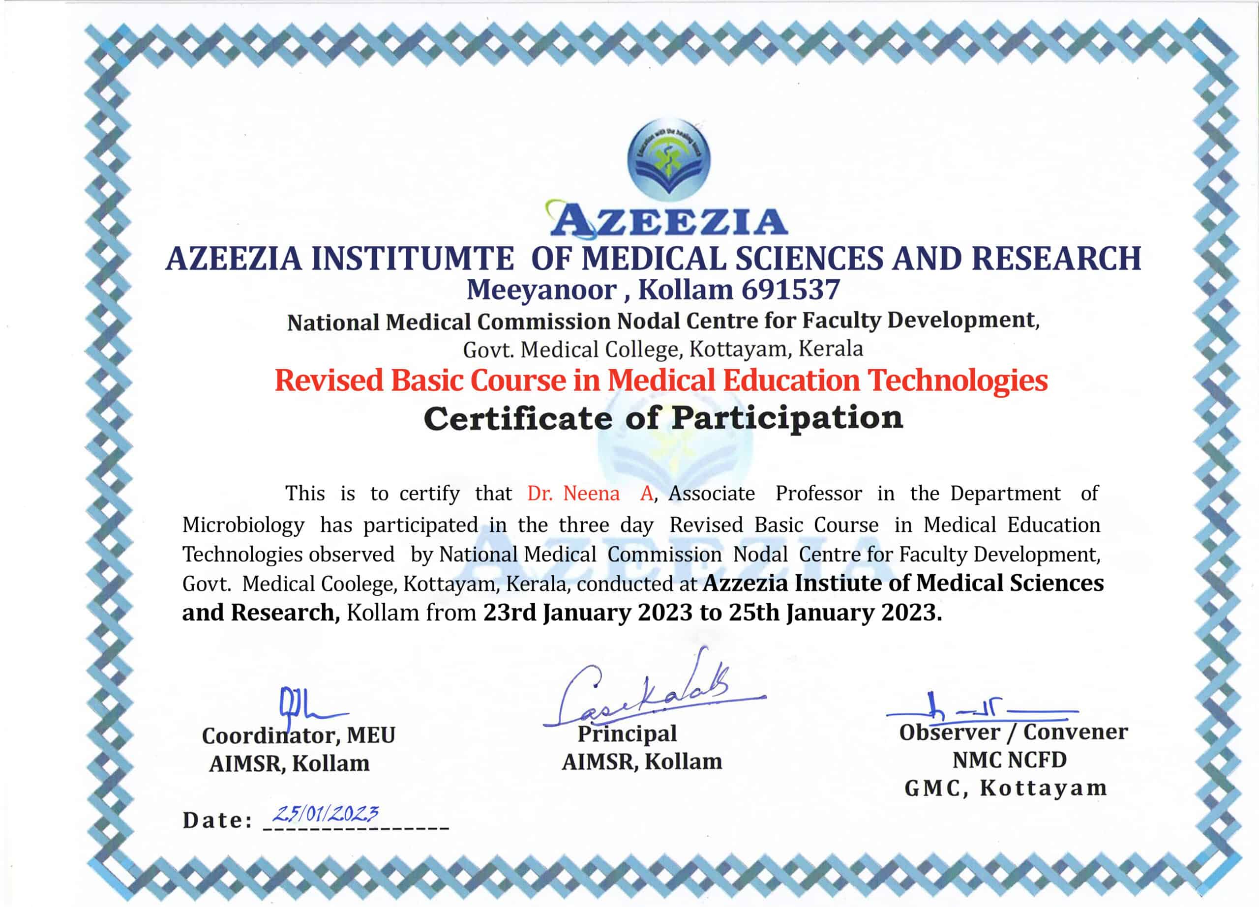 Fake Azeezia institute of medical science and research Certificate PSD Templates