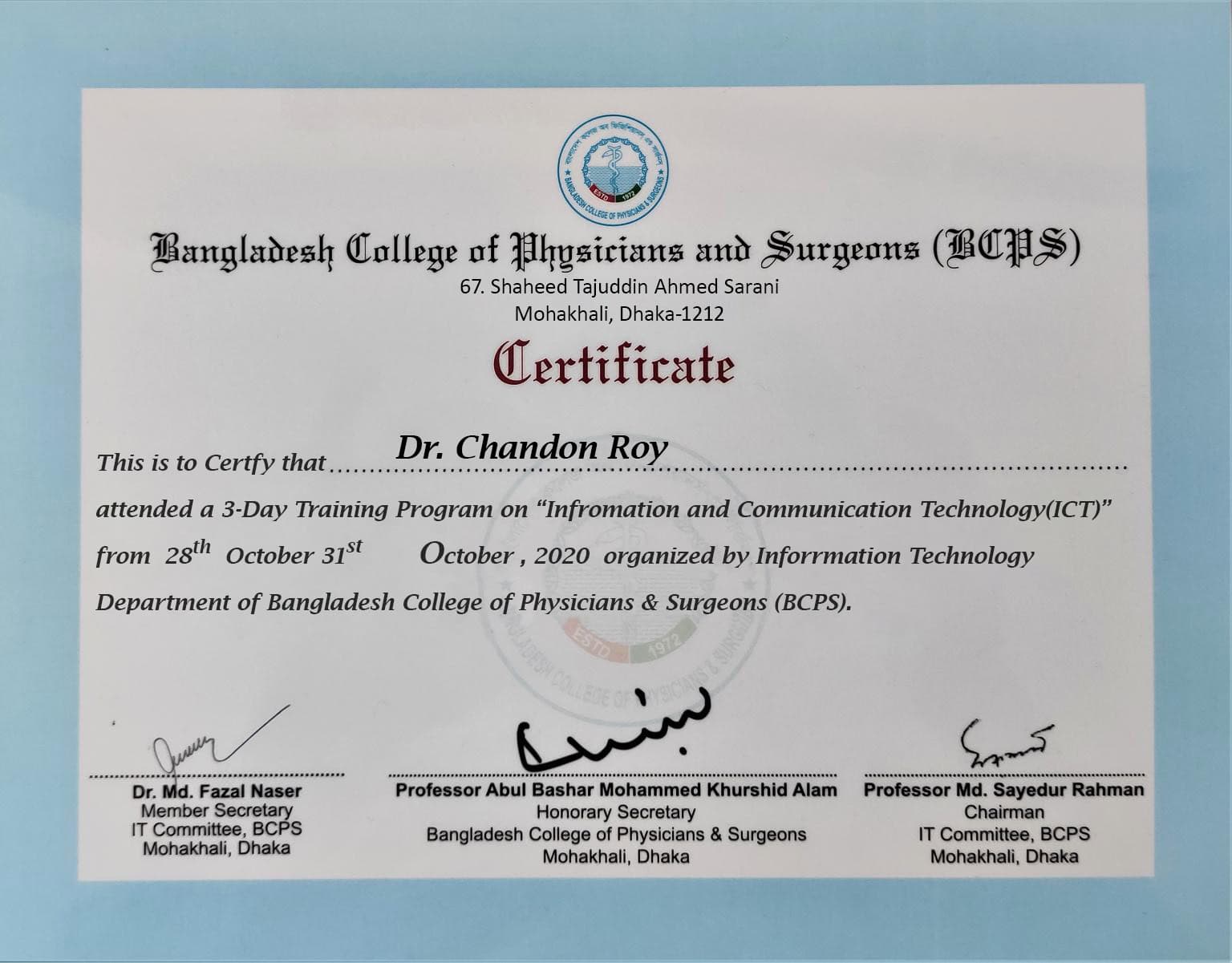 Fake Bangladesh college of physicians surgeons Medical Certificate PSD Templates