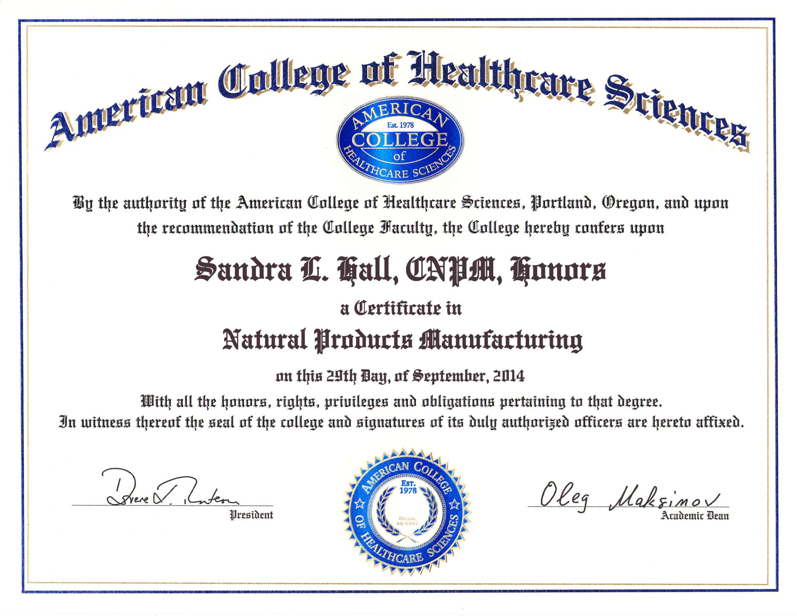 Fake Certificate from American College of Healthcare Sciences Template