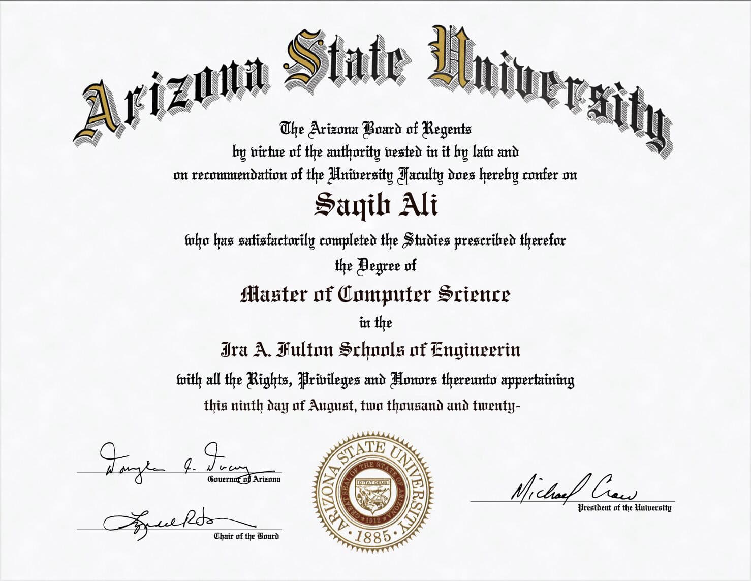 Fake Certificate from Arizona State University Template