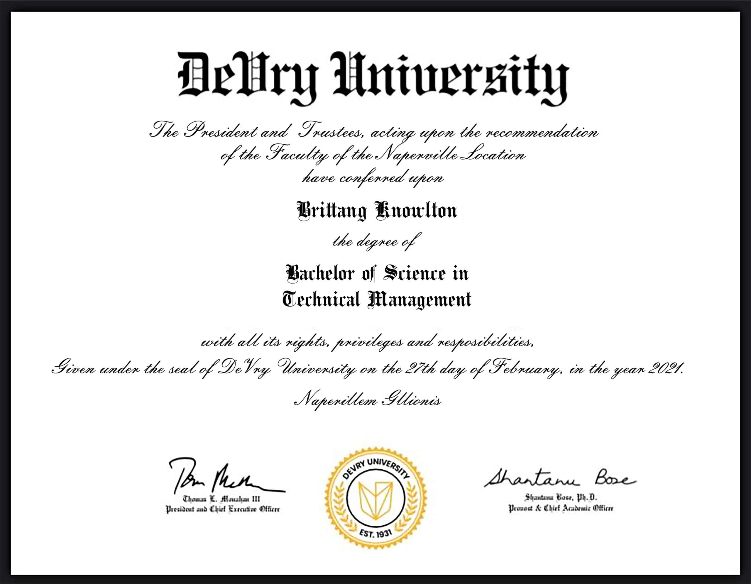 Fake Certificate from DeVry University Template Fake Certificate from DeVry University Template