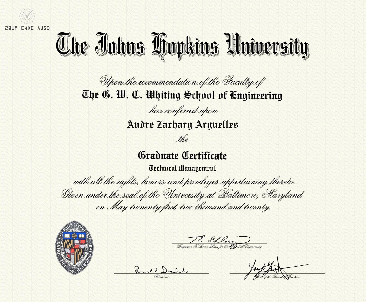 Fake Certificate from The Johns Hopkins University Template
