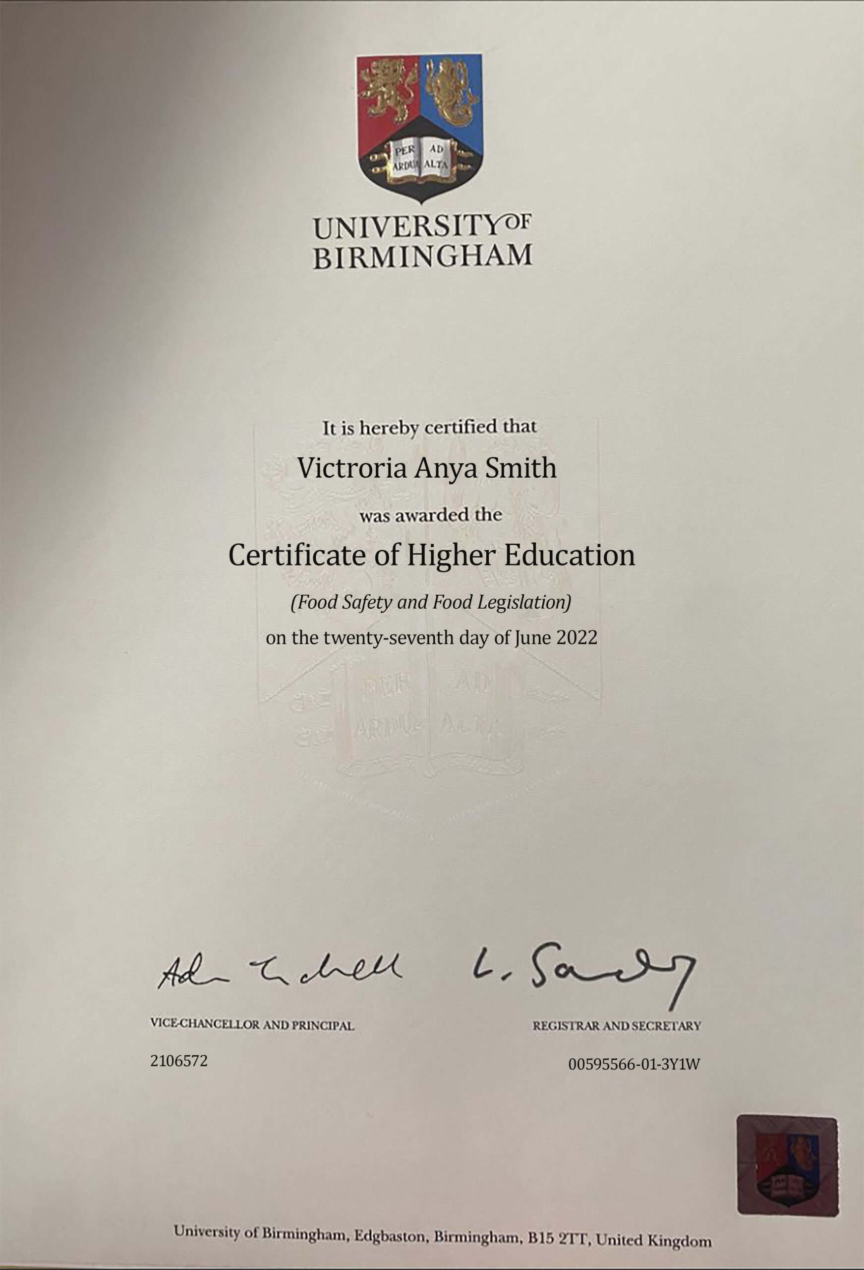 Fake Certificate from University Of Birmingham Template (VERSION2)
