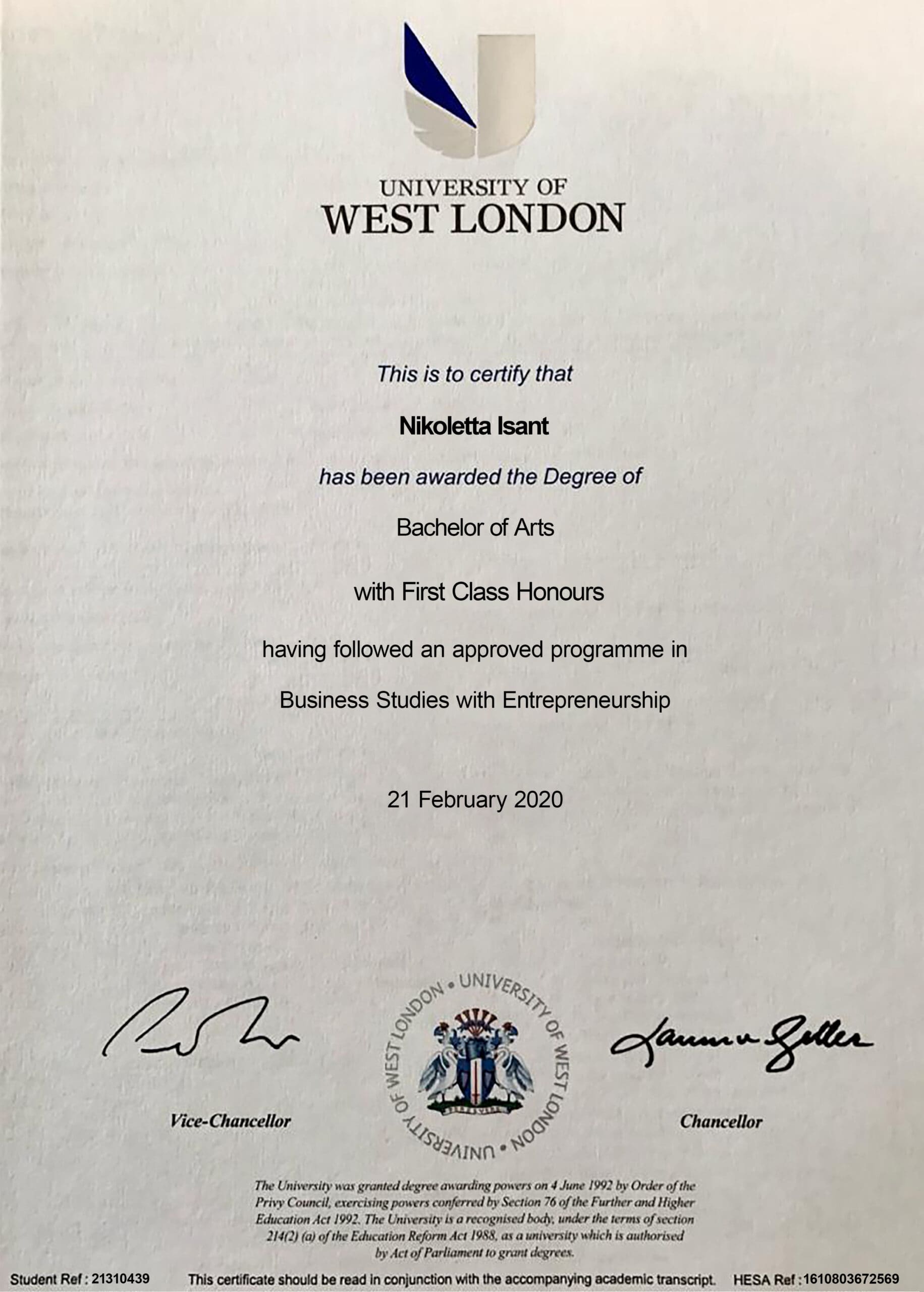 Fake Certificate from University Of West London Template