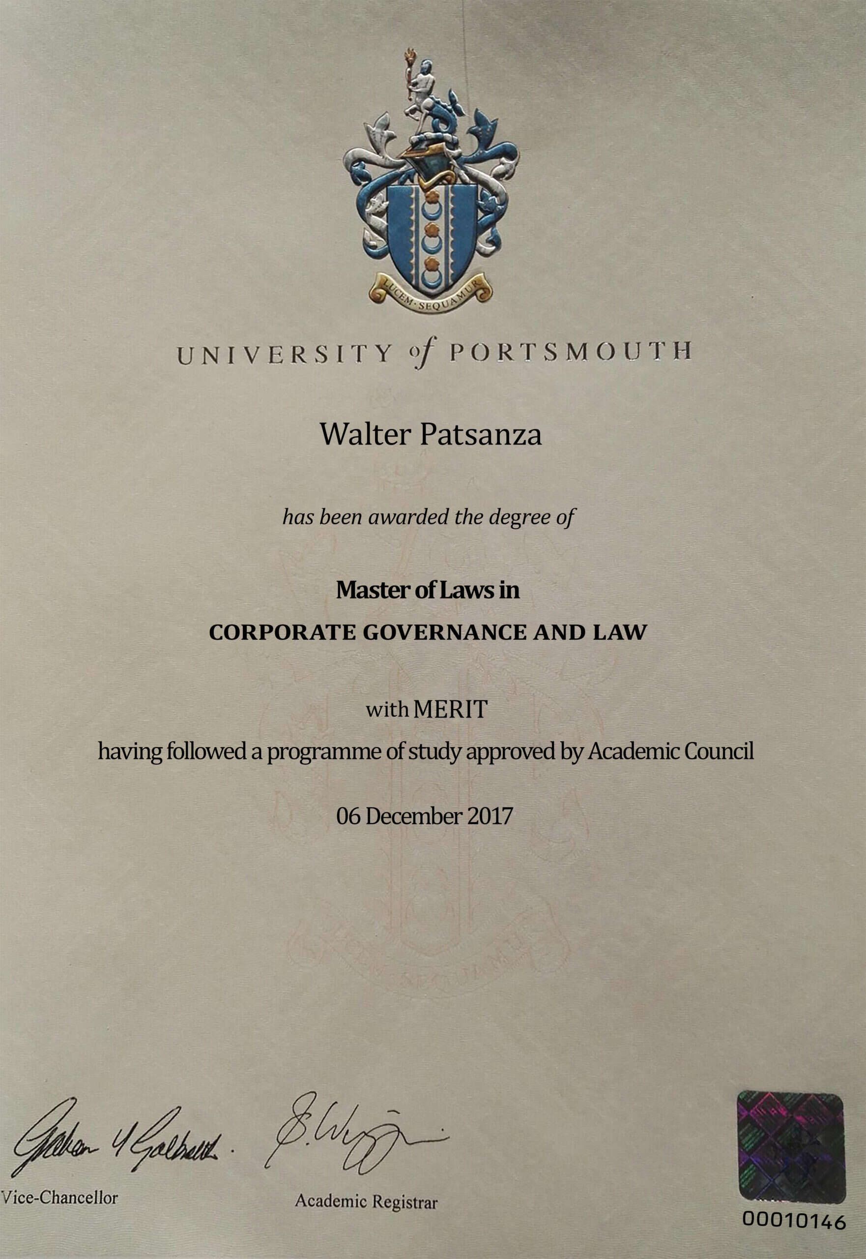 Fake Certificate from University of portsmouth Template