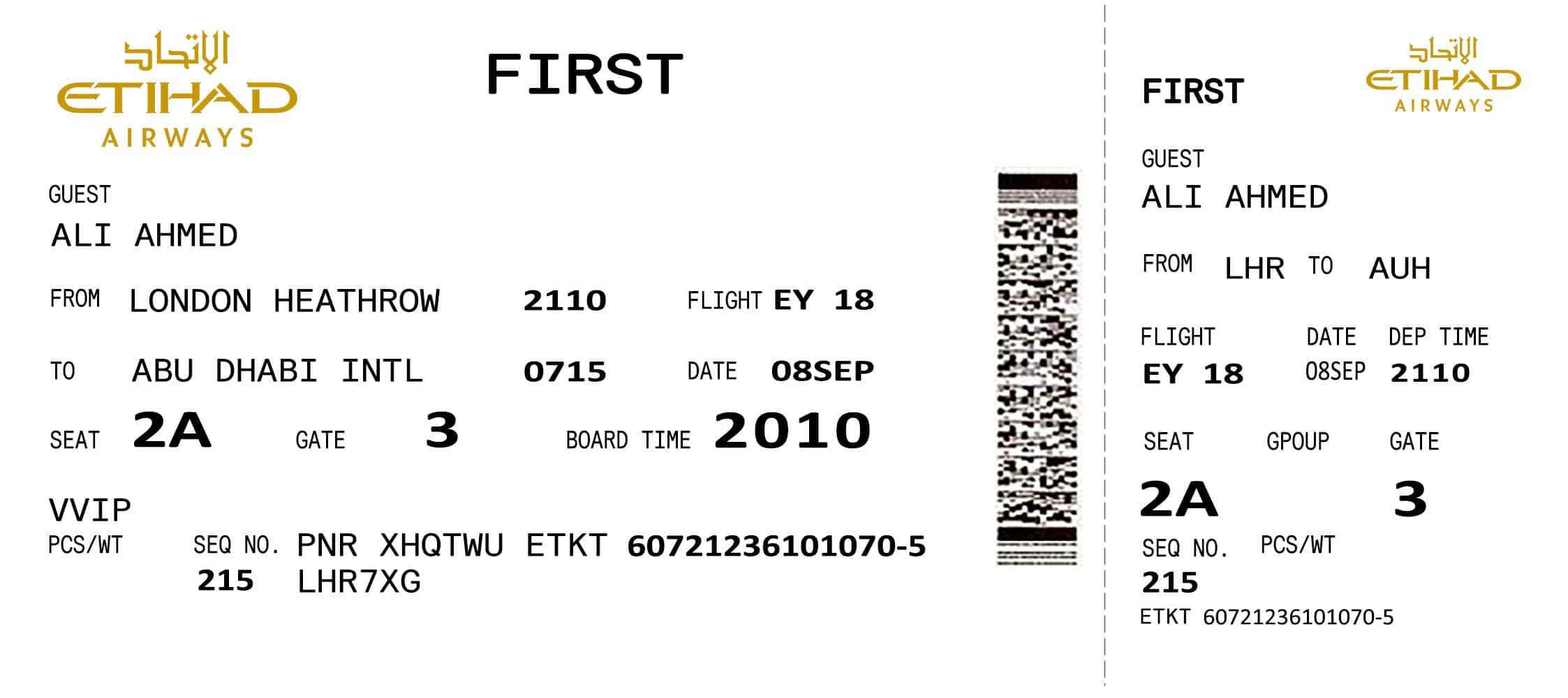Fake Etihad Airways Airline Ticket