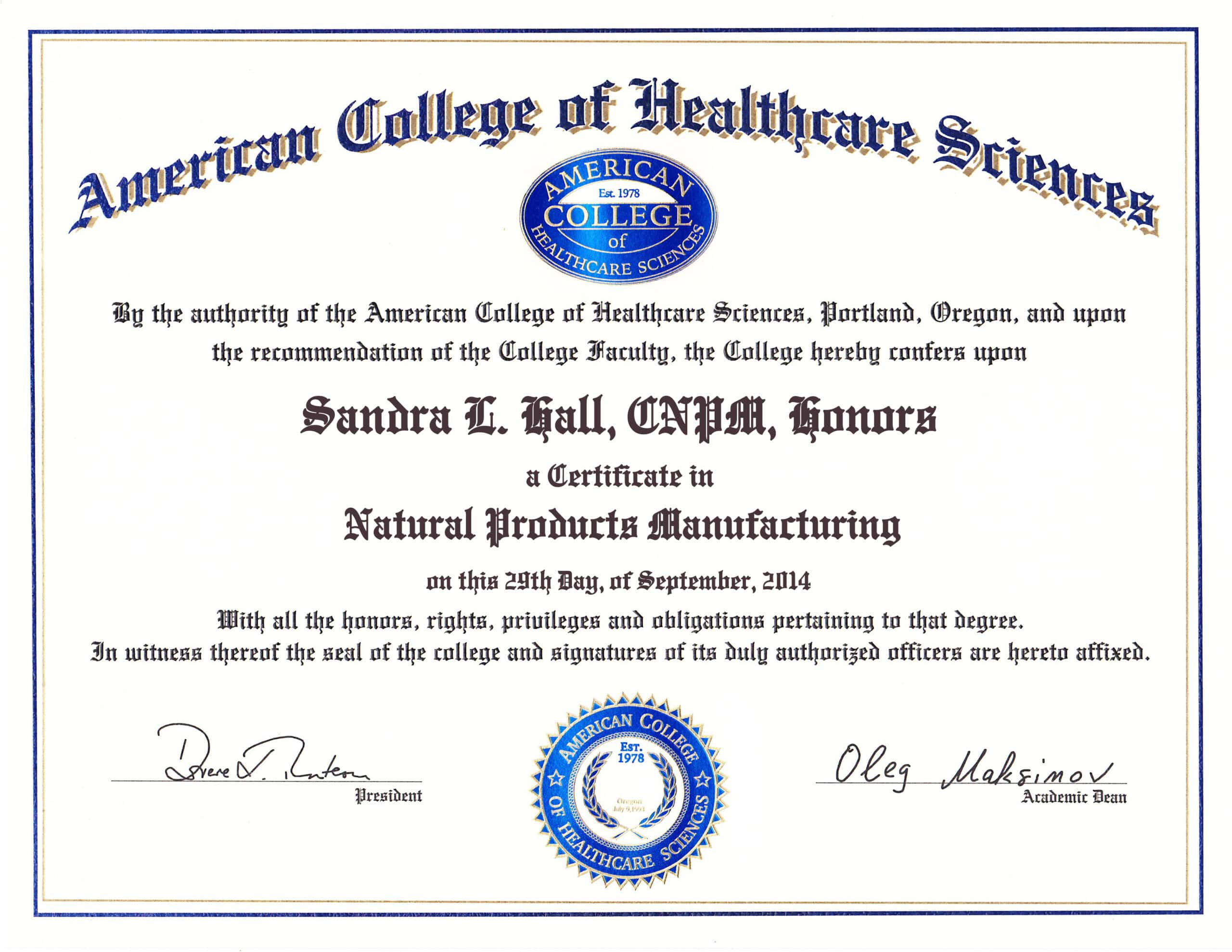 Fake Graduation Certificate from American College of Healthcare Sciences Template