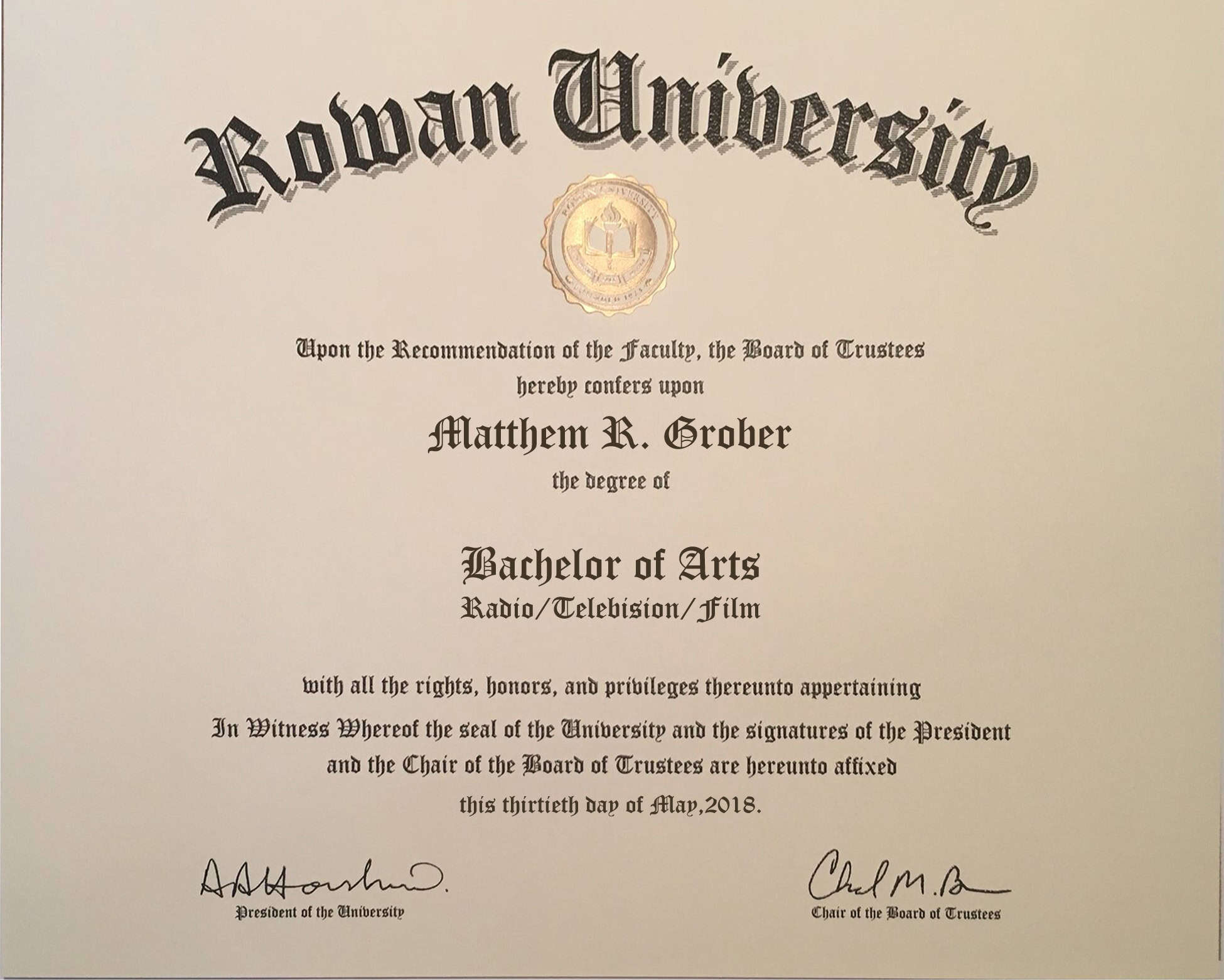 Fake Graduation Certificate from rowan university Template