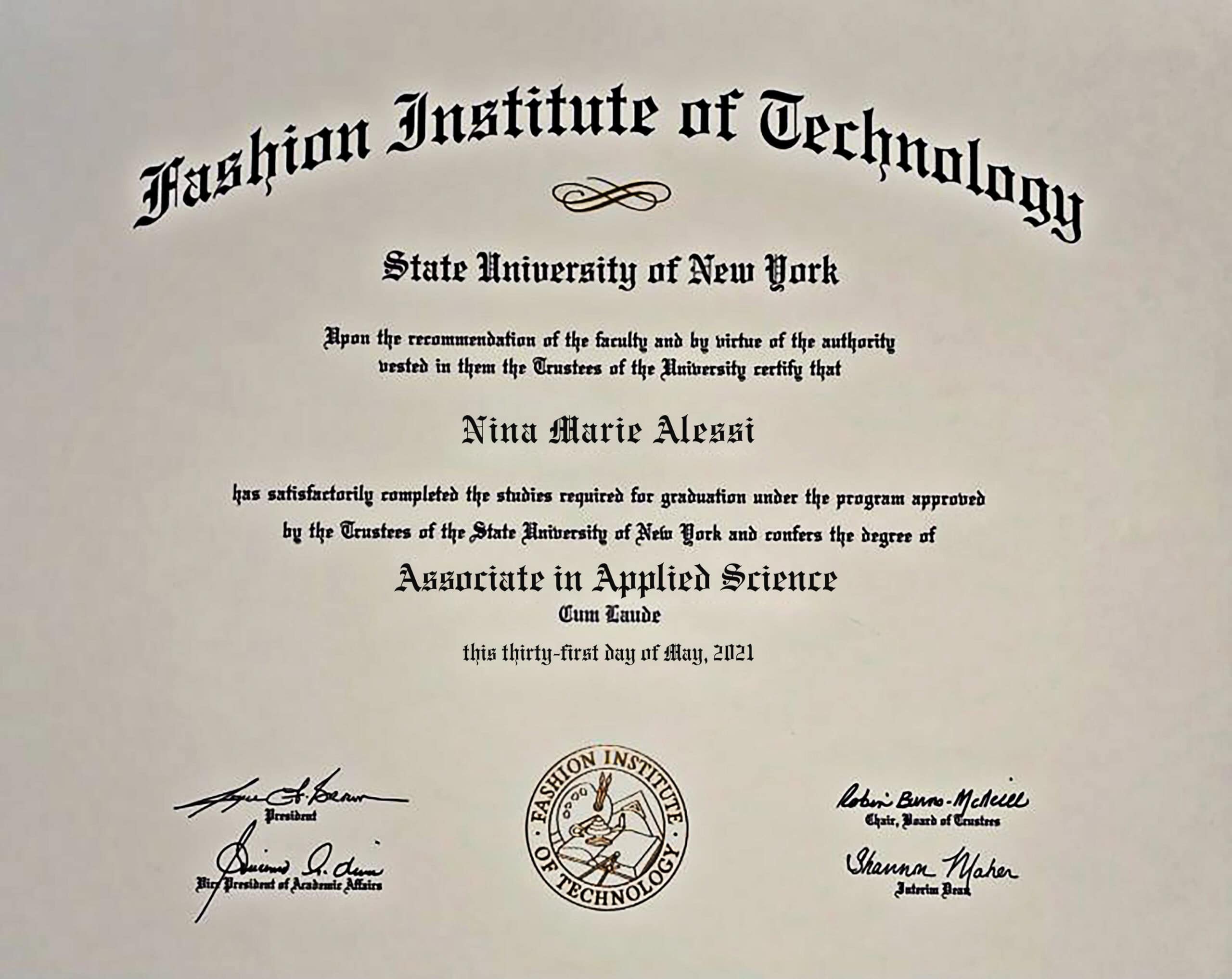 Fashion Institute Of Technology Authentic-Looking Fake certificate from Fashion Institute Of Technology