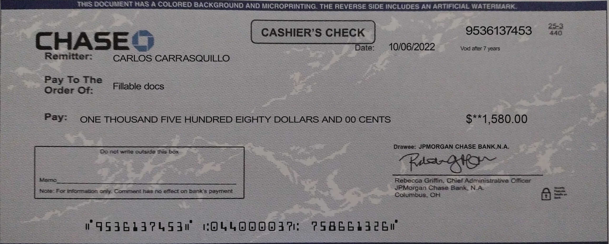 Fillable chase bank Blank Check Template