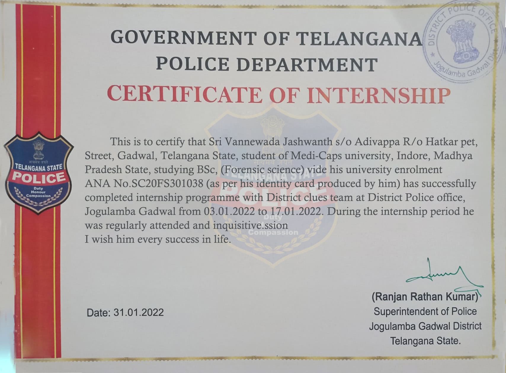 Stand Out with a Customizable GOVERNMENT OF TELANGANA POLICE DEPARTMENT Internship Certificate PSD Template