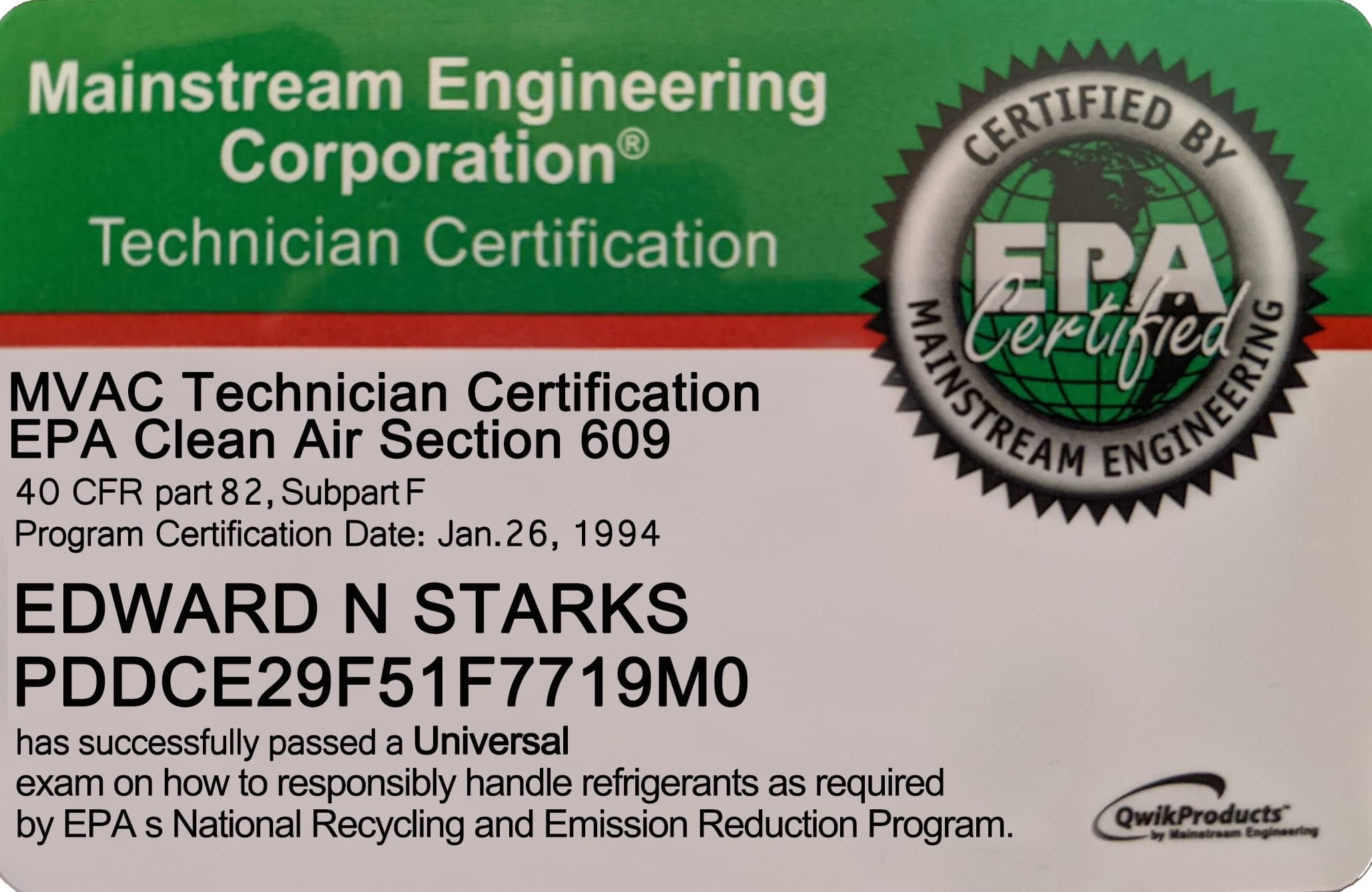 HVAC Fake EPA Technician Certification Card Template EPA 609 HVAC Fake EPA Technician Certification Card Template EPA 609