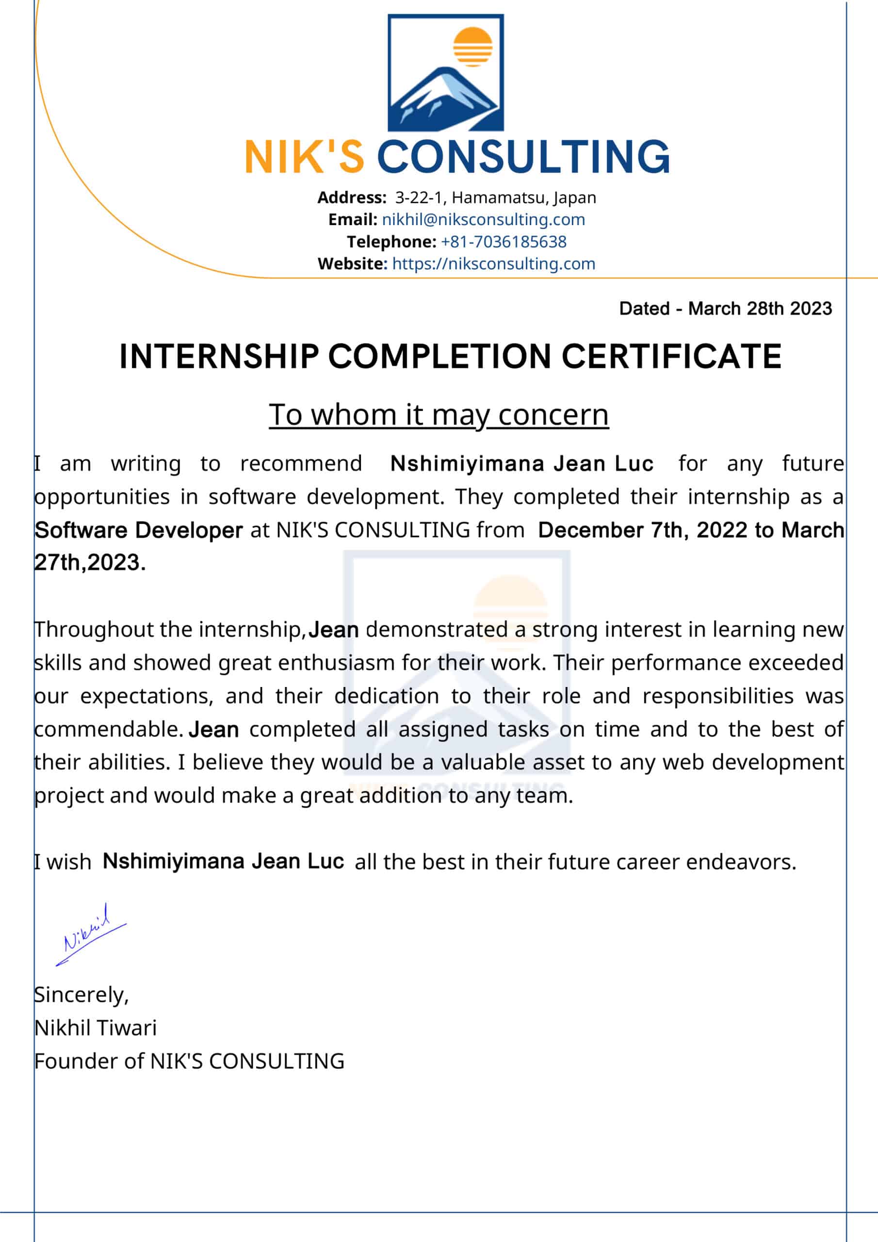 INTERNSHIP COMPLETION CERTIFICATE Stand Out with a Customizable NIK'S CONSULTING Internship Certificate PSD Template