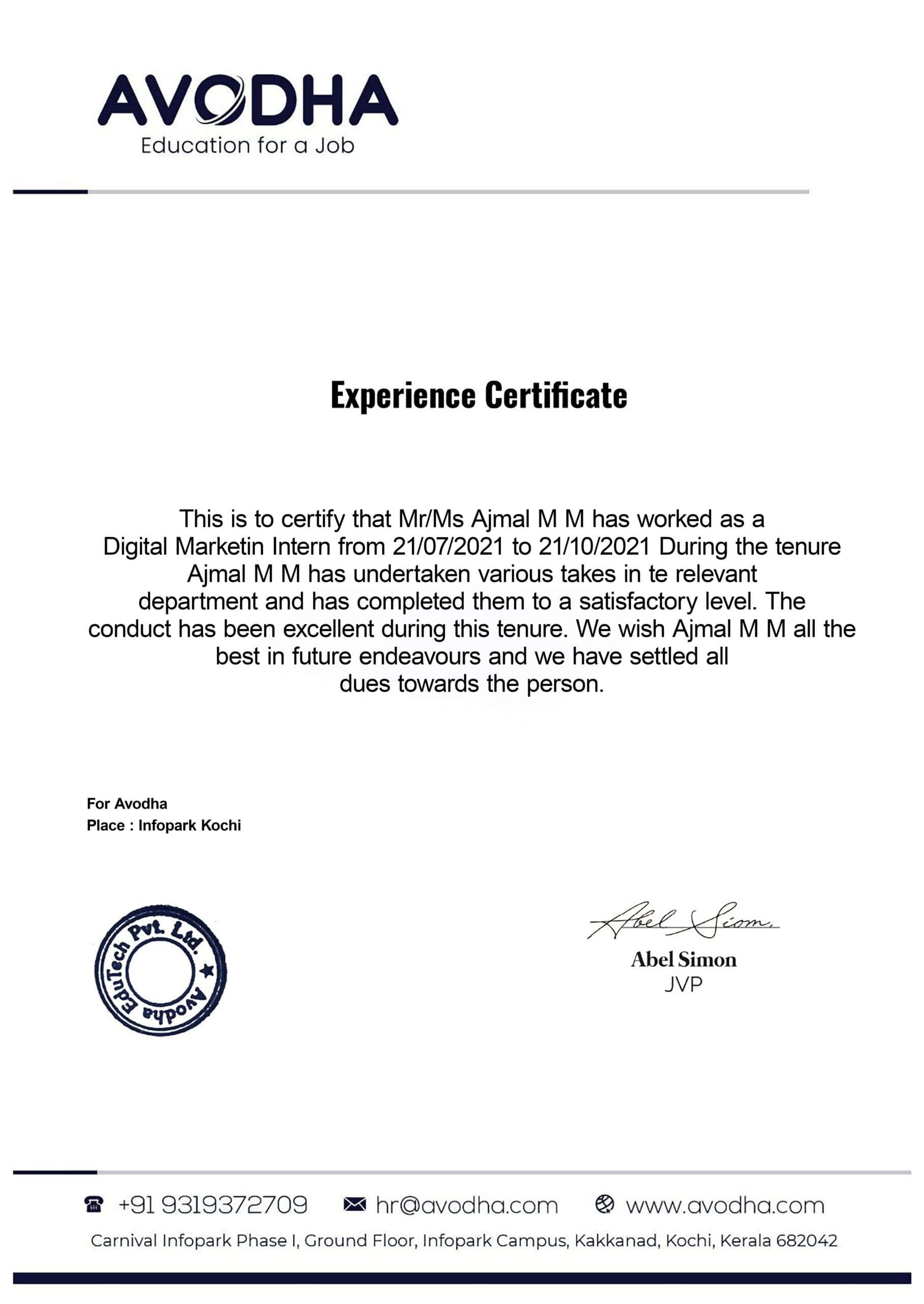 Purchase Realistic Fake avodha Experience Certificate Templates Easily Editable Purchase Realistic Fake avodha Experience Certificate Templates Easily Editable