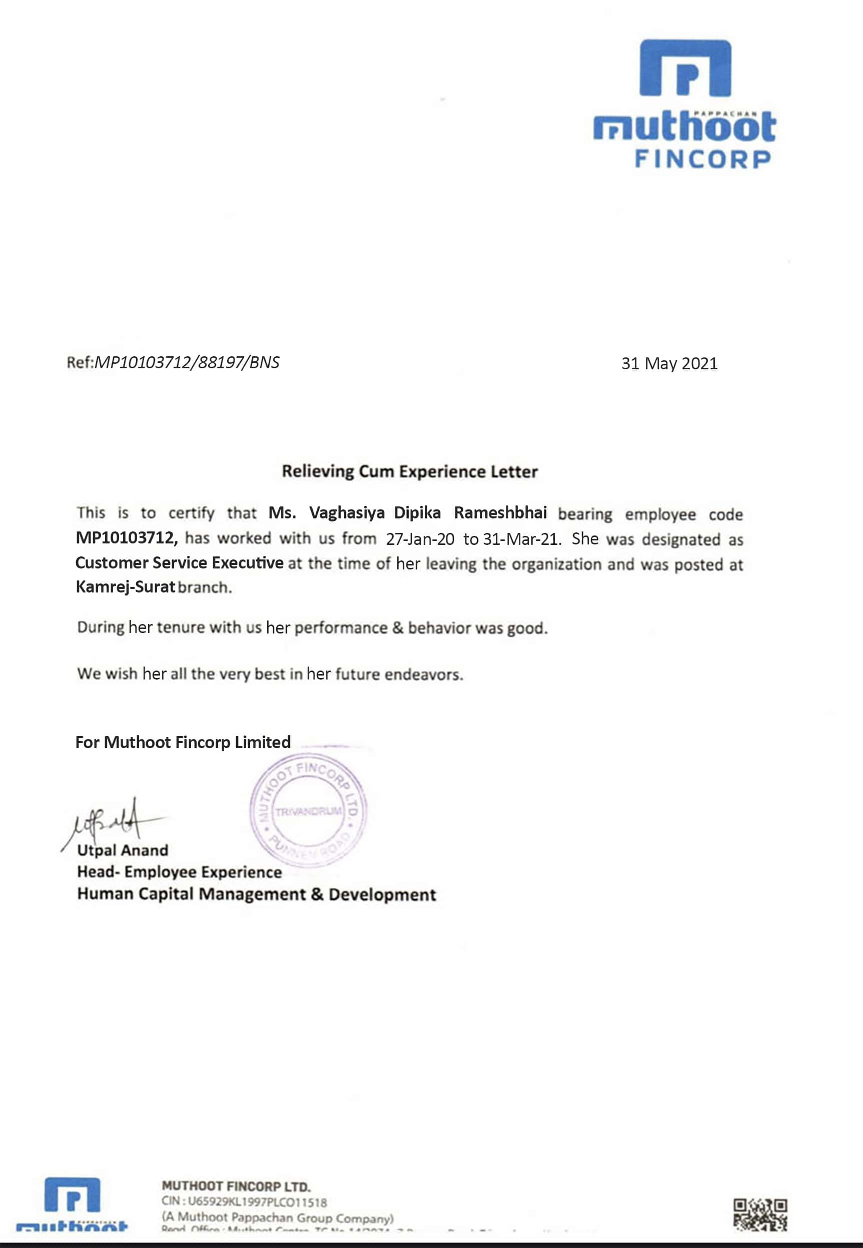 Purchase Realistic Fake muthoot fincrop Experience Certificate Templates Easily Editable Purchase Realistic Fake muthoot fincrop Experience Certificate Templates Easily Editable