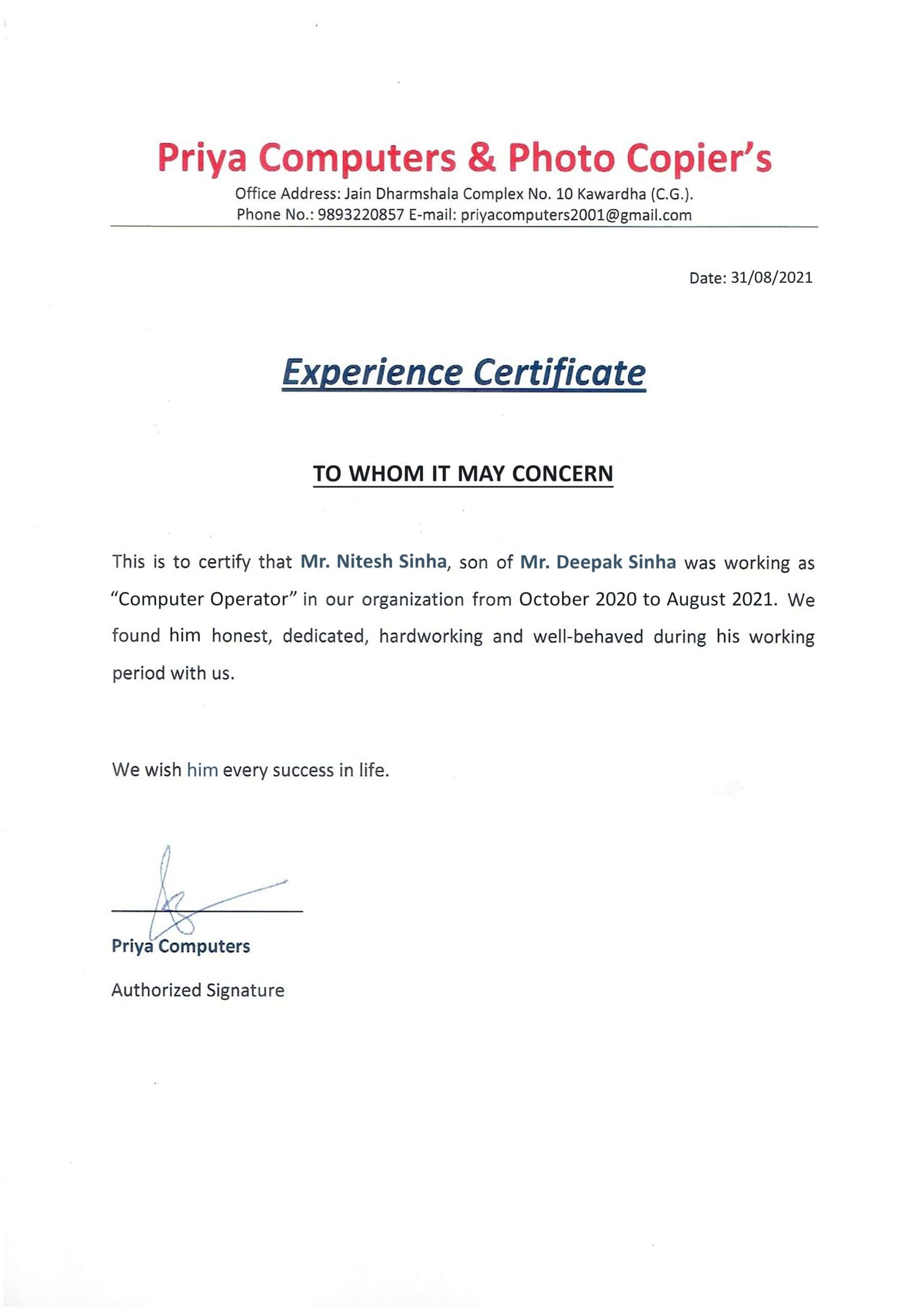 Purchase Realistic Fake priya computers Experience Certificate Templates Easily Editable Purchase Realistic Fake priya computers Experience Certificate Templates Easily Editable