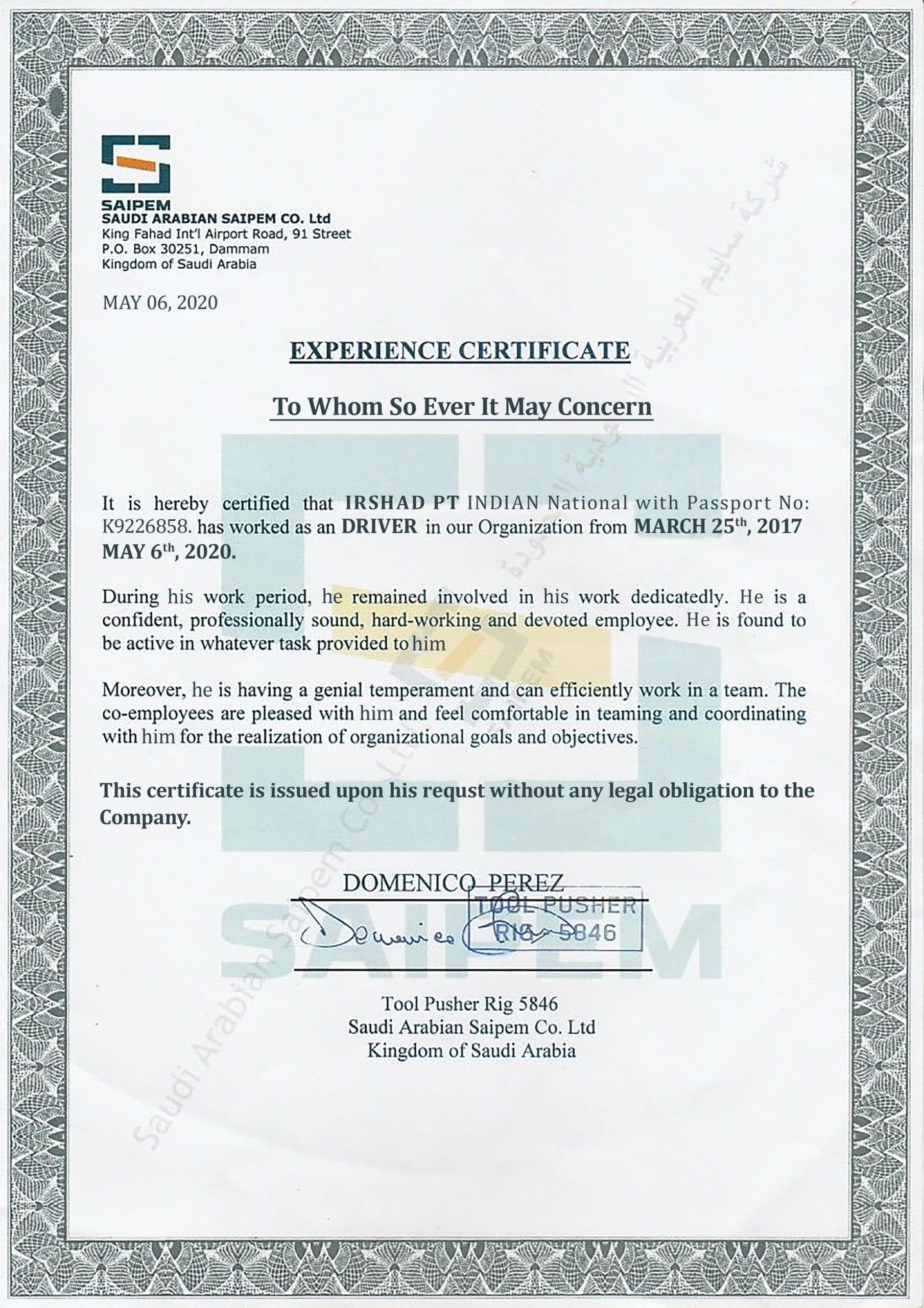 Purchase Realistic Fake saipem saudi arabian Experience Certificate Templates Easily Editable Purchase Realistic Fake saipem saudi arabian Experience Certificate Templates Easily Editable