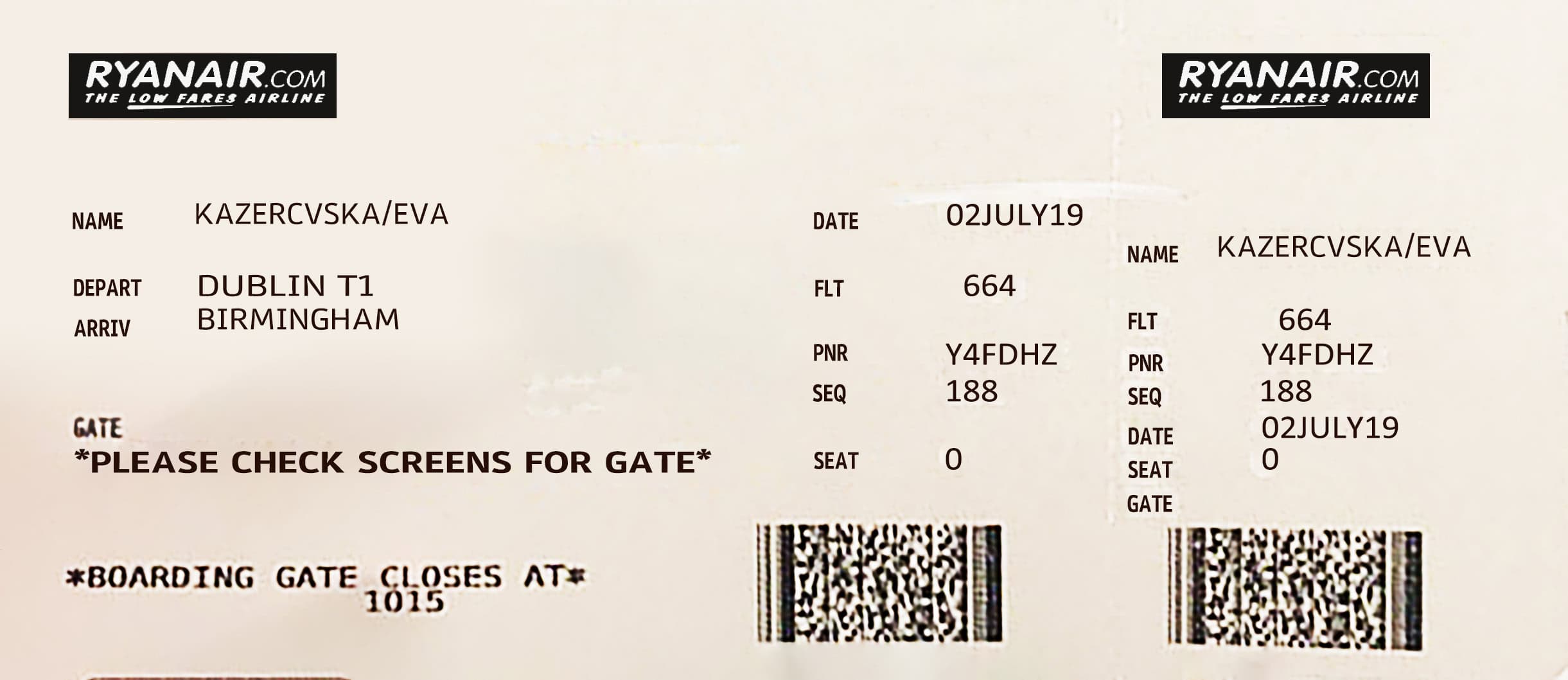 Fake Ryanair Airline Ticket