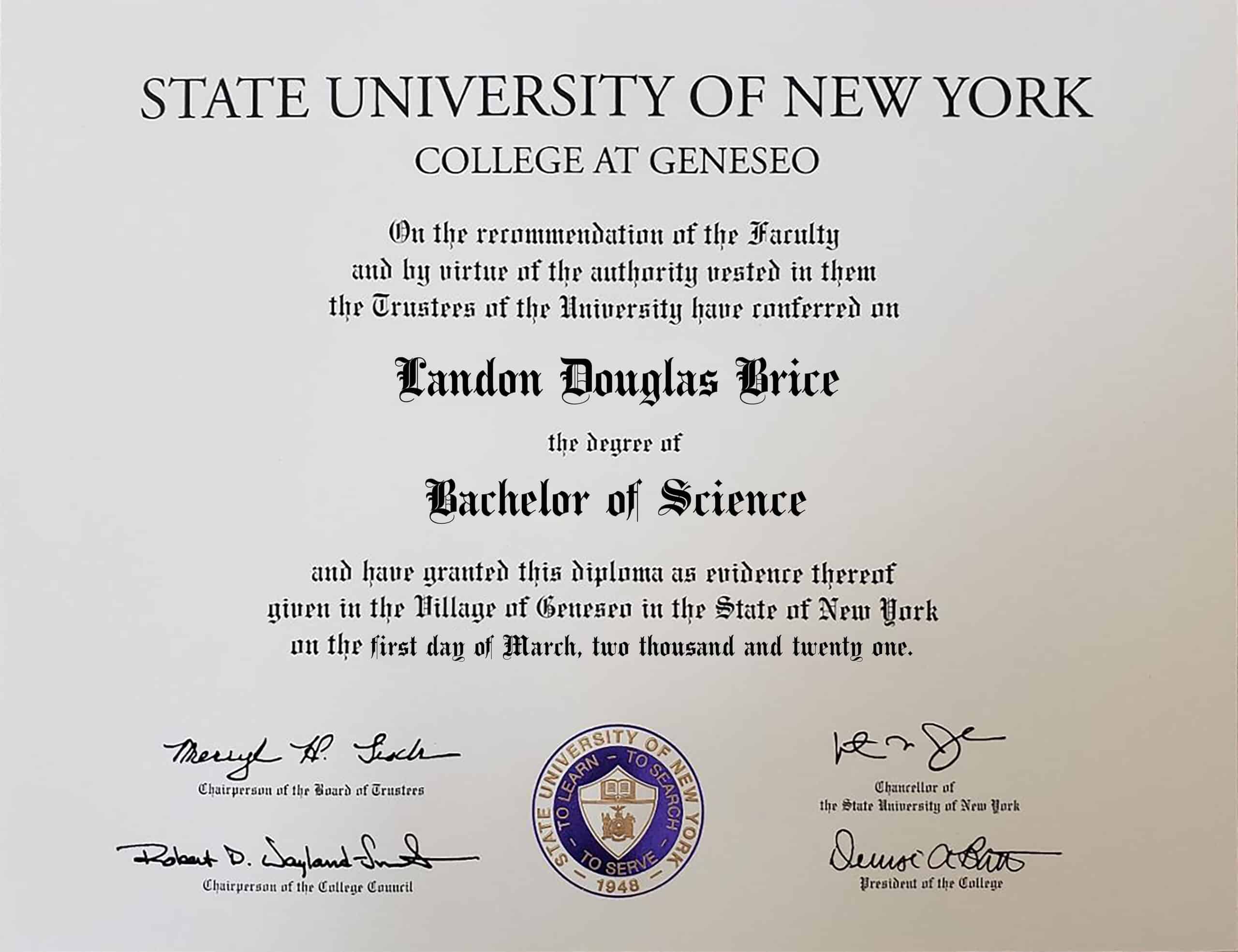 Authentic-Looking Fake certificate from SUNY Geneseo New York University