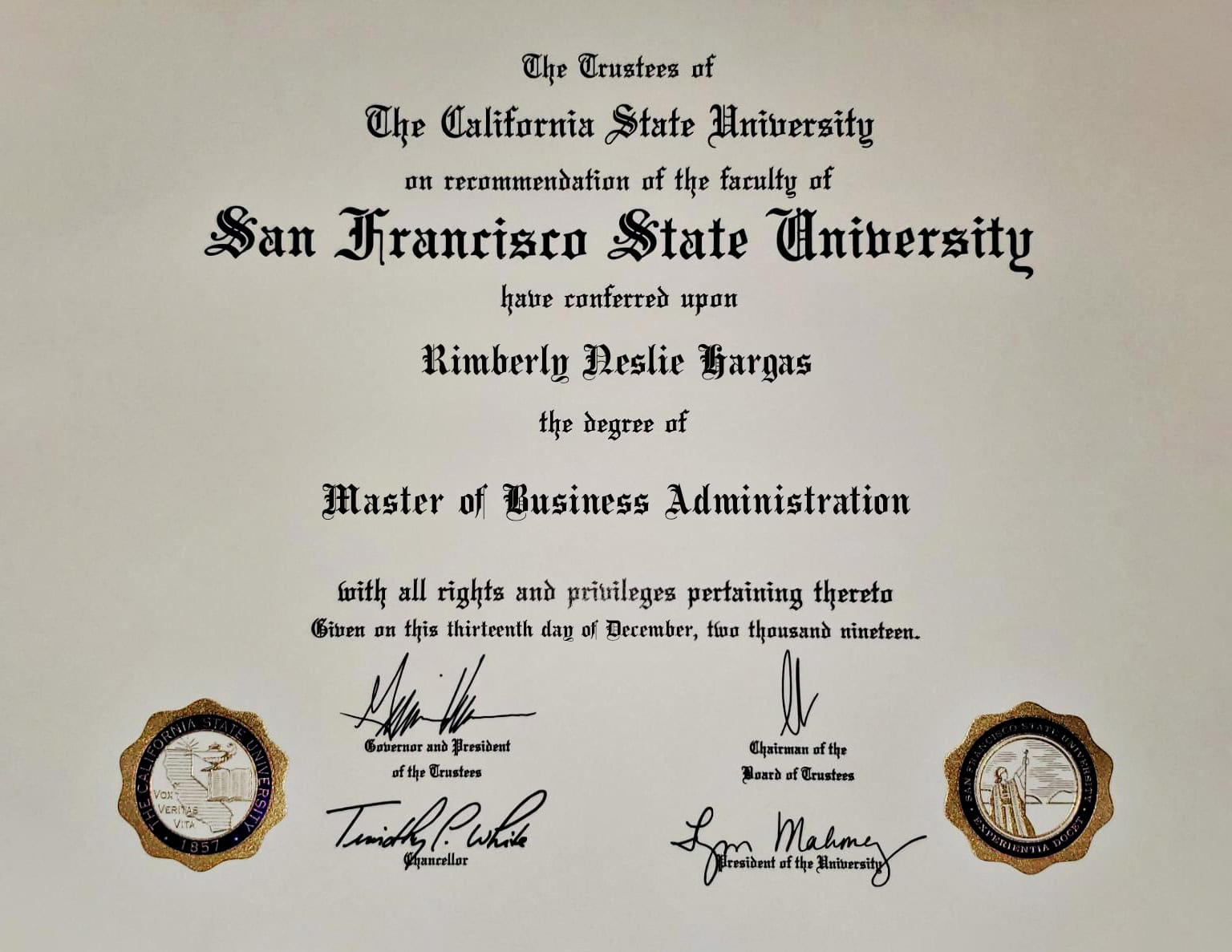 Authentic-Looking Fake certificate from San Francisco State University