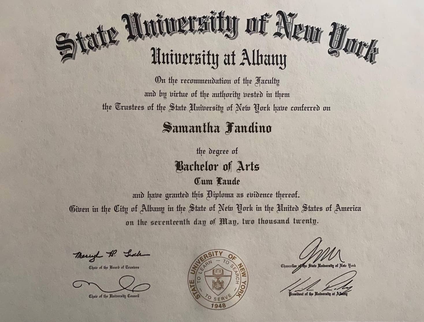 State University of New York Authentic-Looking Fake certificate from State University of New York