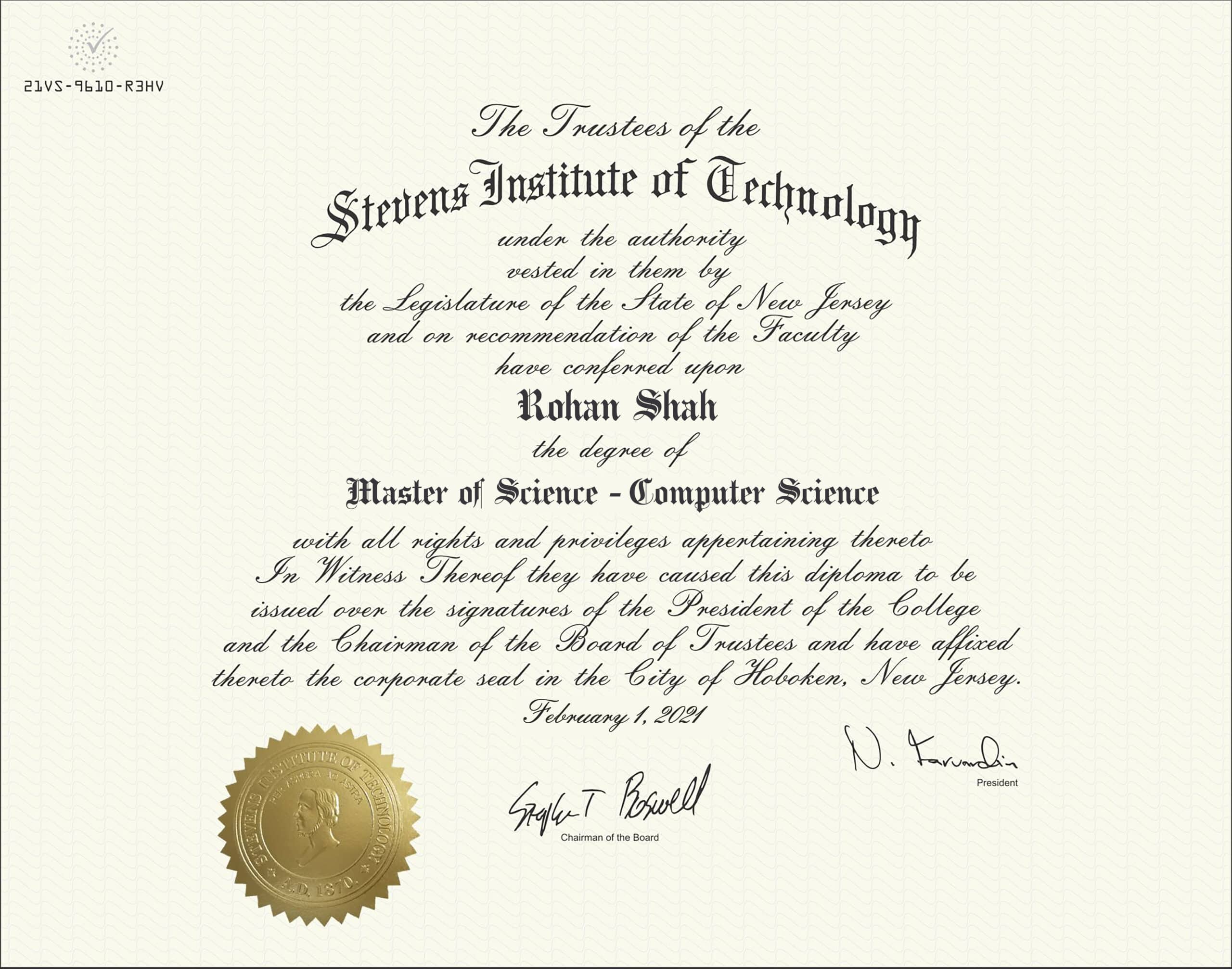 Authentic-Looking Fake certificate from Stevens Institute Of Technology University