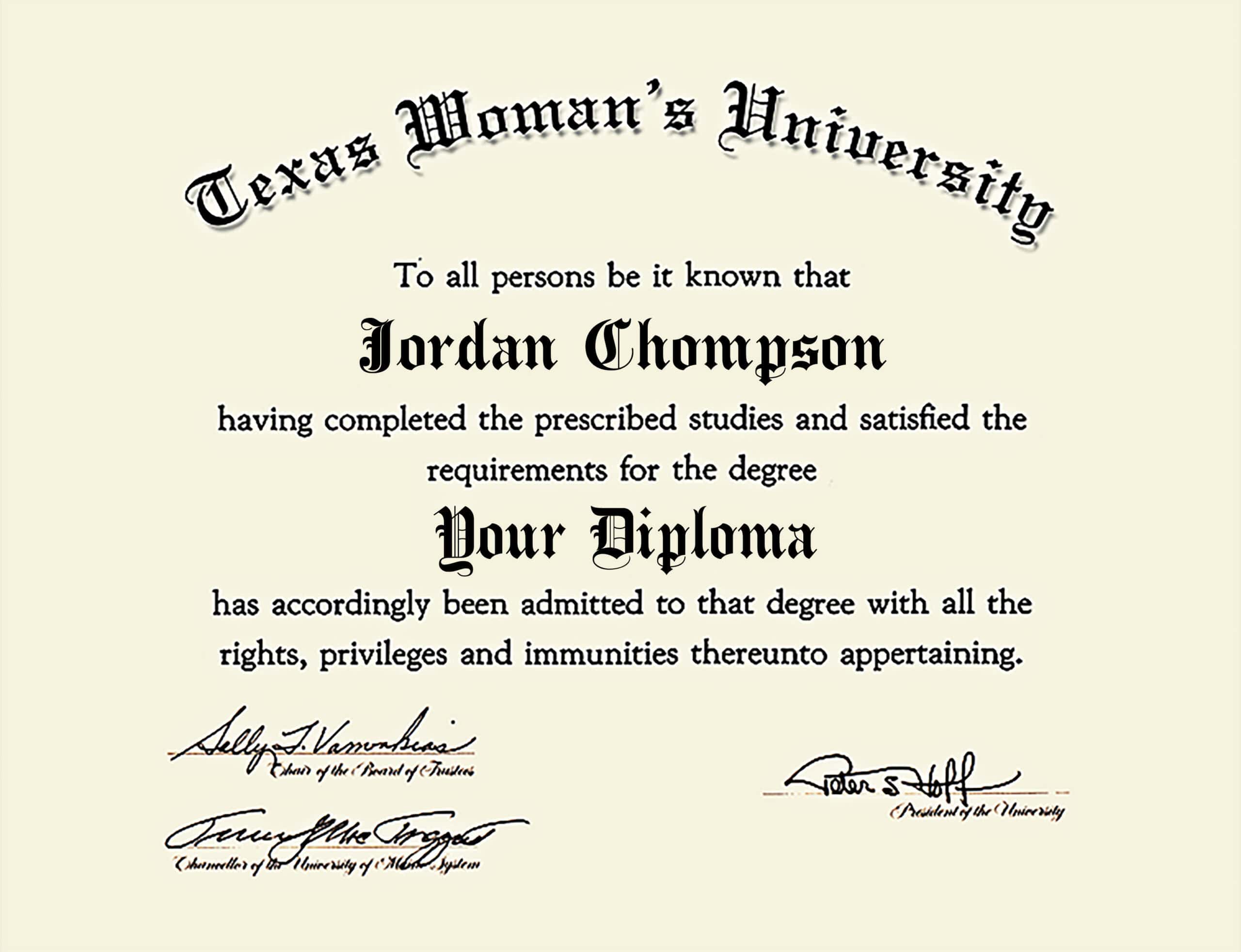 Authentic-Looking Fake certificate from Texas Woman's University