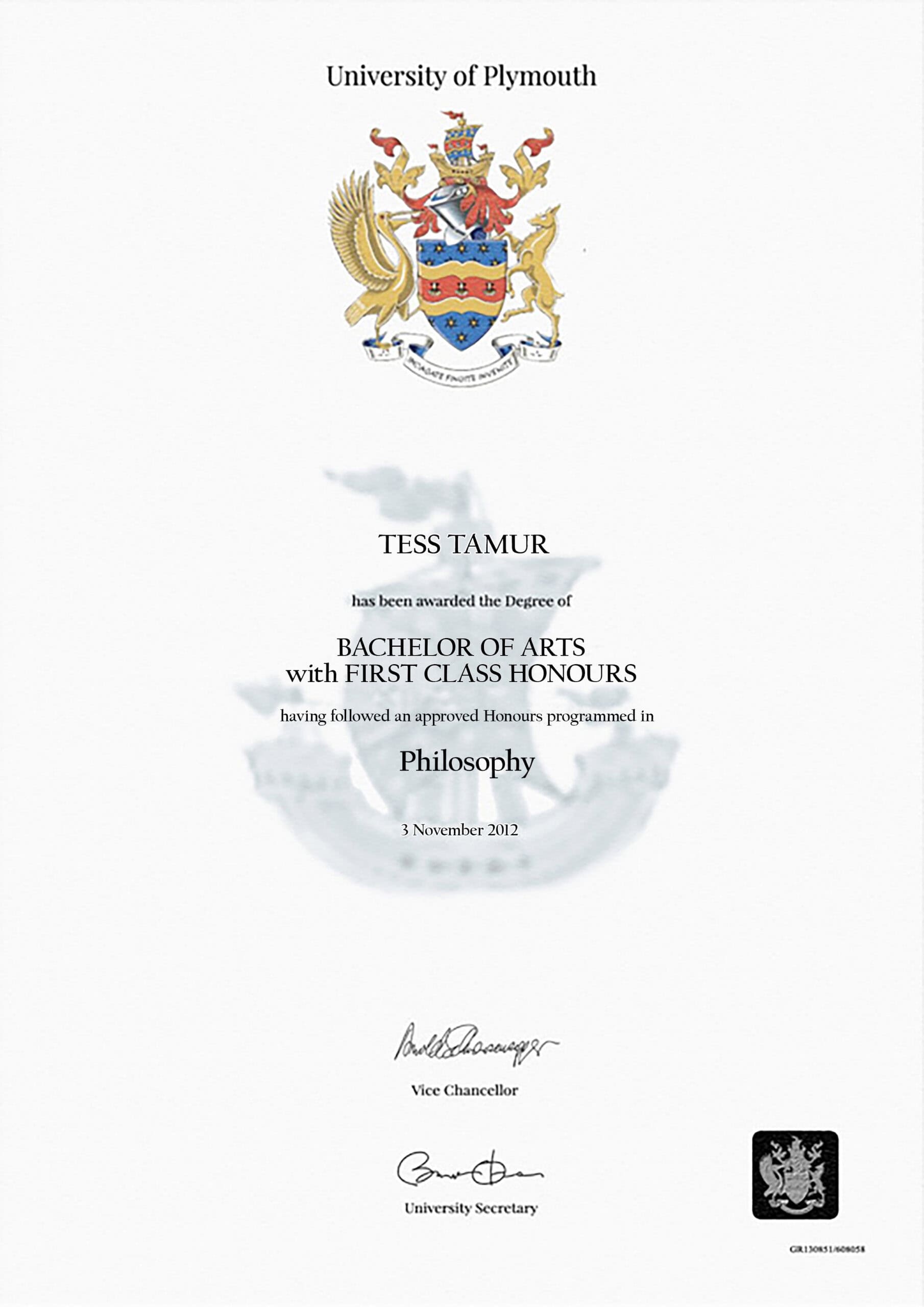 Authentic-Looking Fake certificate from University Of Plymouth