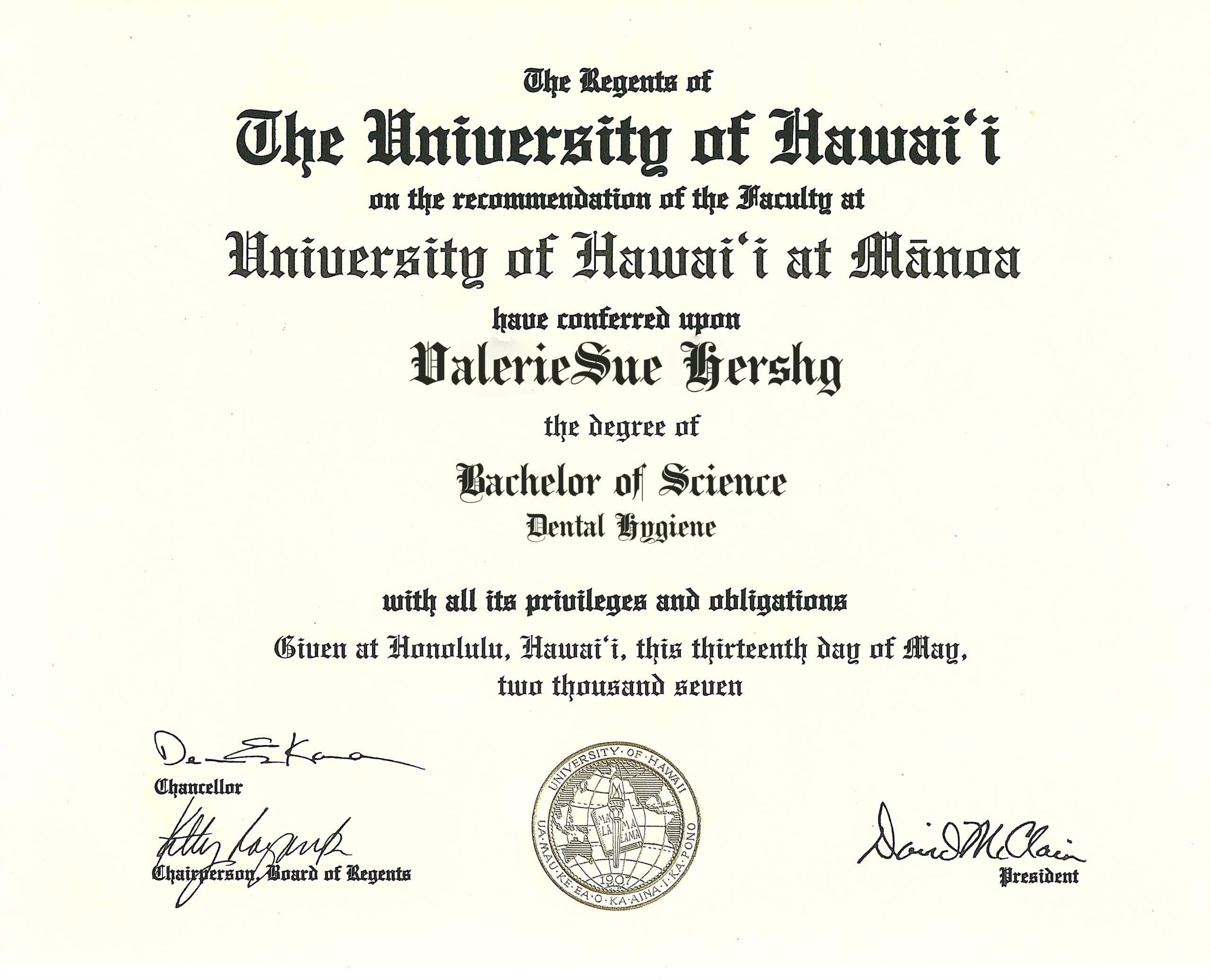 Authentic-Looking Fake certificate from Hawaii at Manoa University