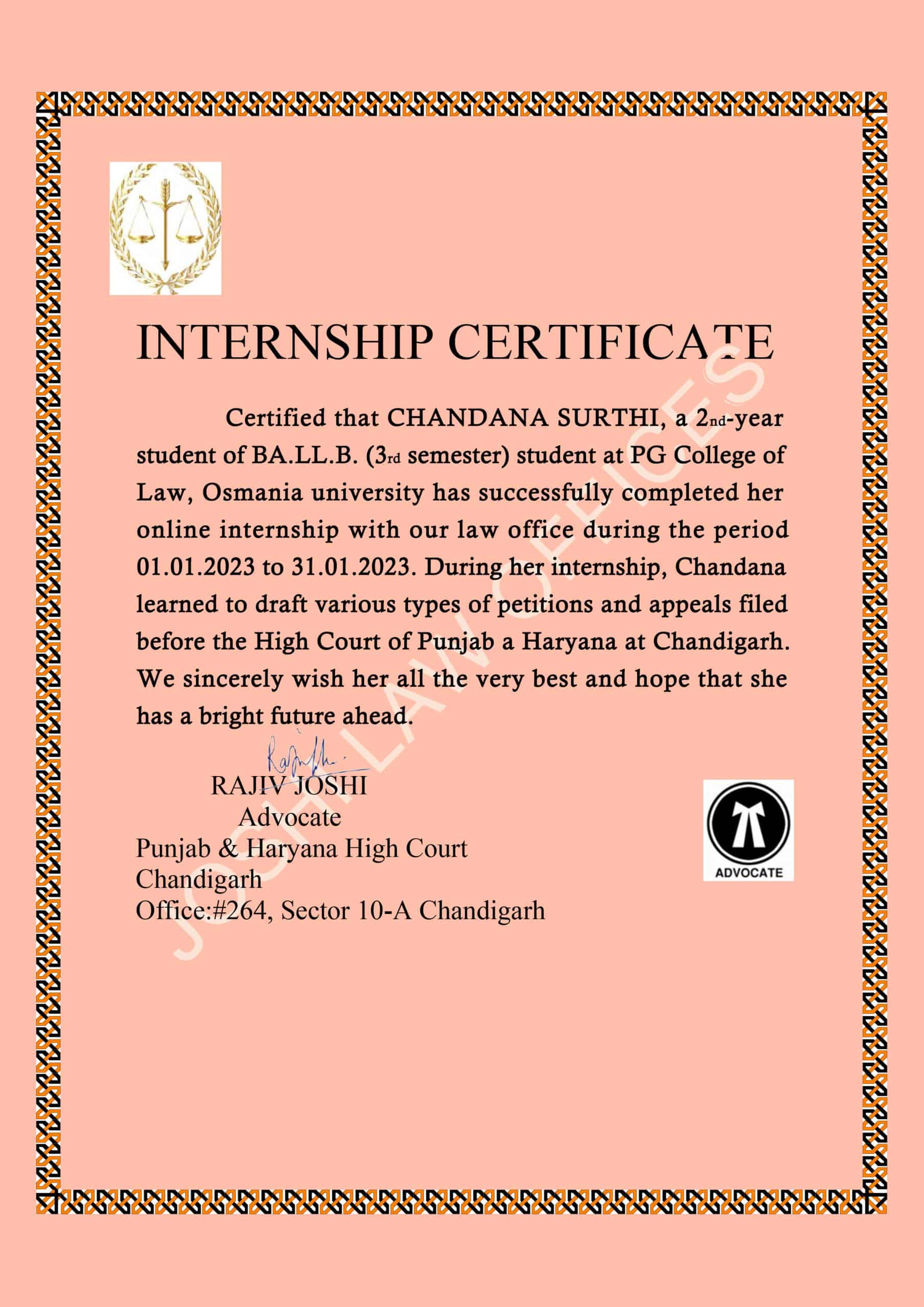 Microsoft Word - INTERNSHIP CERTIFICATE online Stand Out with a Customizable joshi law office Internship Certificate PSD Template