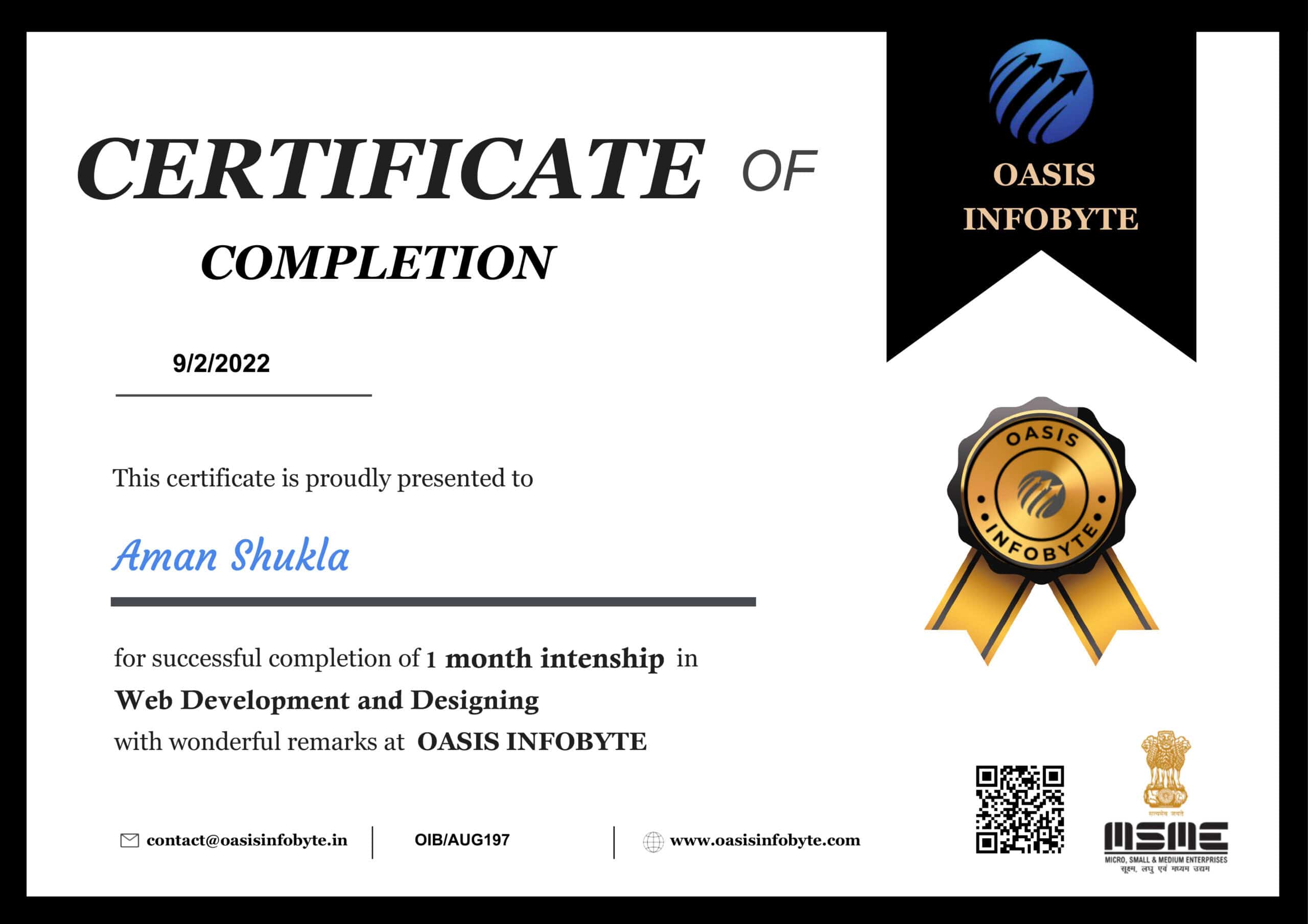 Aman Shukla Certificate Stand Out with a Customizable oasis infobyte Internship Certificate PSD Template