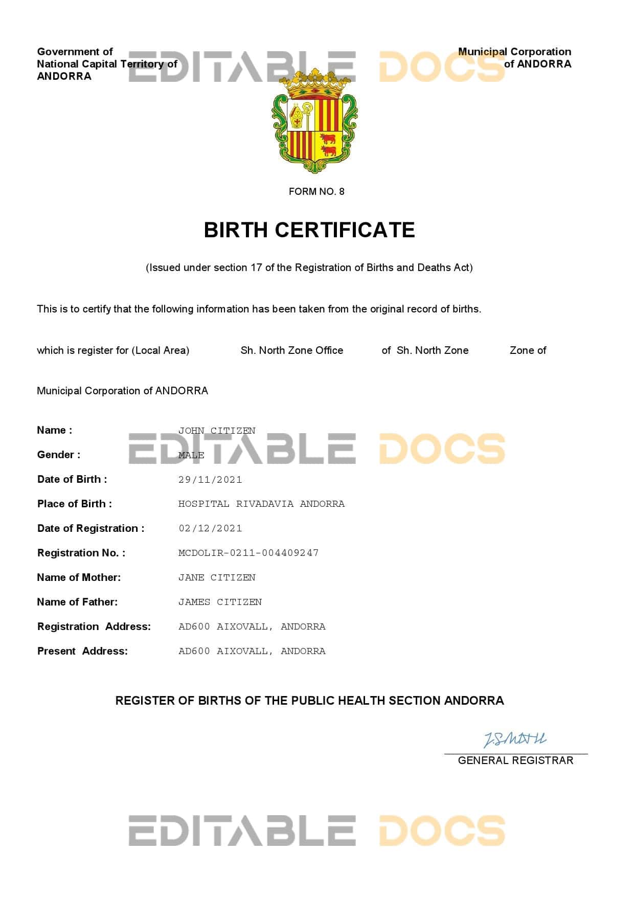 Andorra vital record birth certificate Word and PDF template Andorra vital record birth certificate Word and PDF template