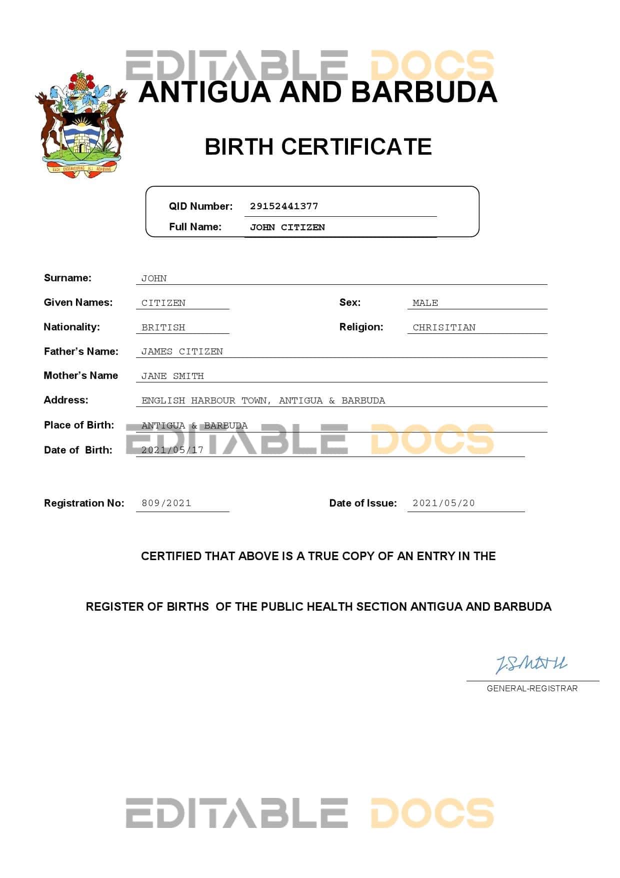 Antigua and Barbuda birth certificate Word and PDF template