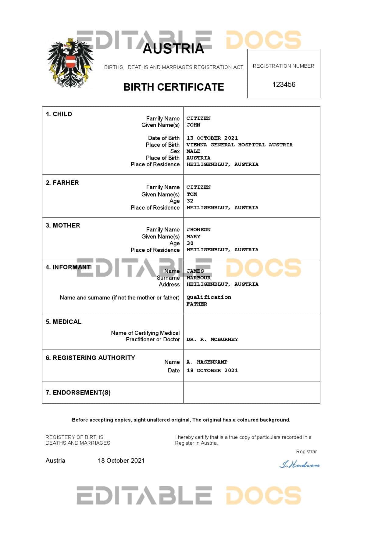 Austria vital record birth certificate Word and PDF template Austria vital record birth certificate Word and PDF template