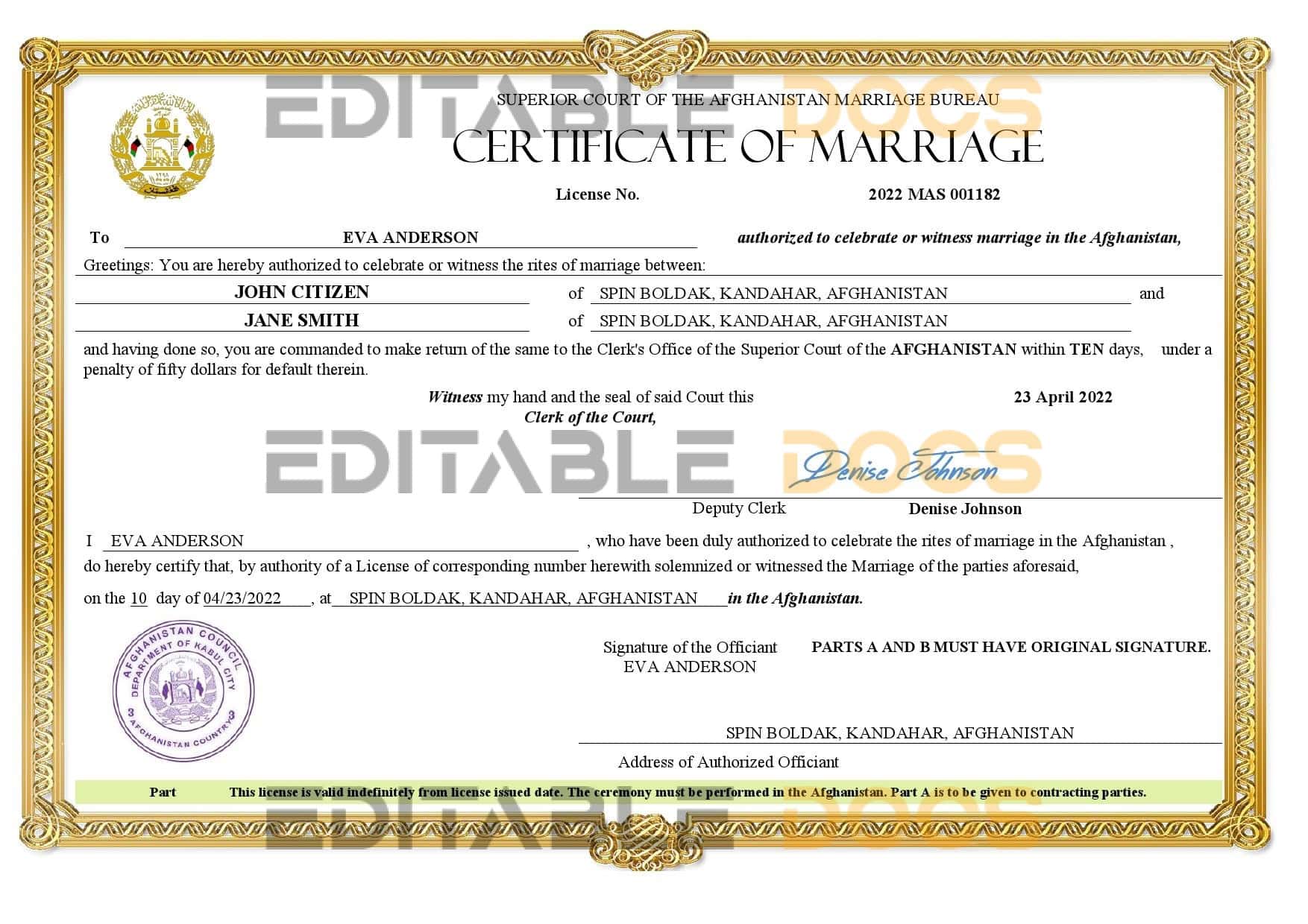 Afghanistan Marriage Certificate