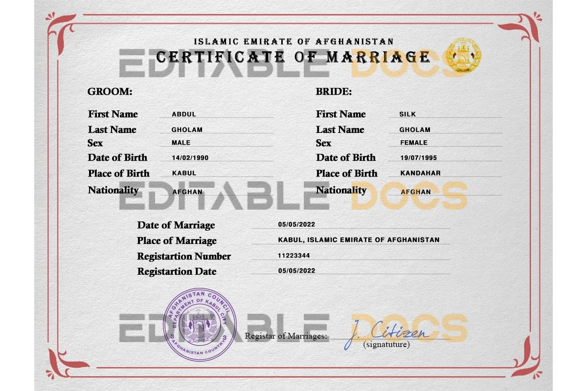 Afghanistan Marriage Certificate Editable PSD Templates Afghanistan Marriage Certificate Editable PSD Templates