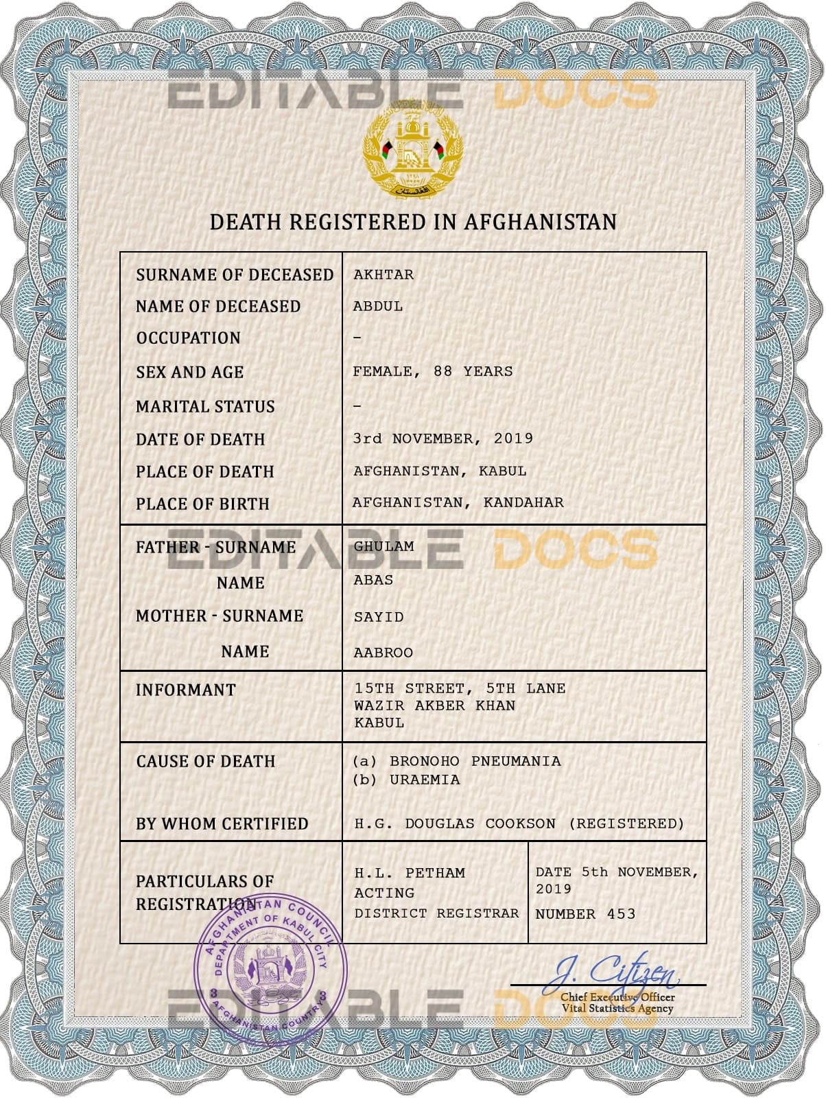 Afghanistan vital record death certificate PSD template Afghanistan vital record death certificate PSD template